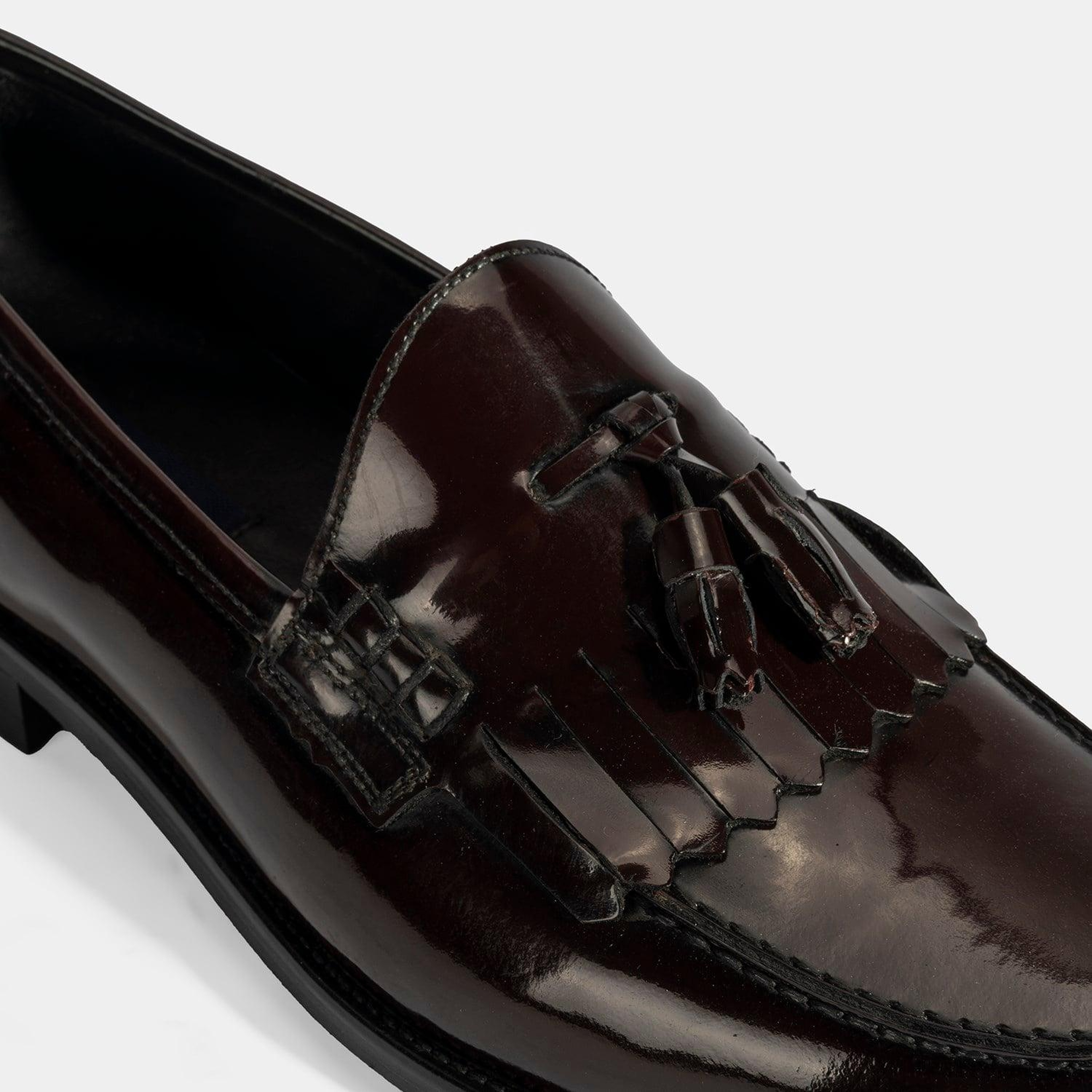 Erkek Bordo Püskül Detaylı Rugan Deri Loafer