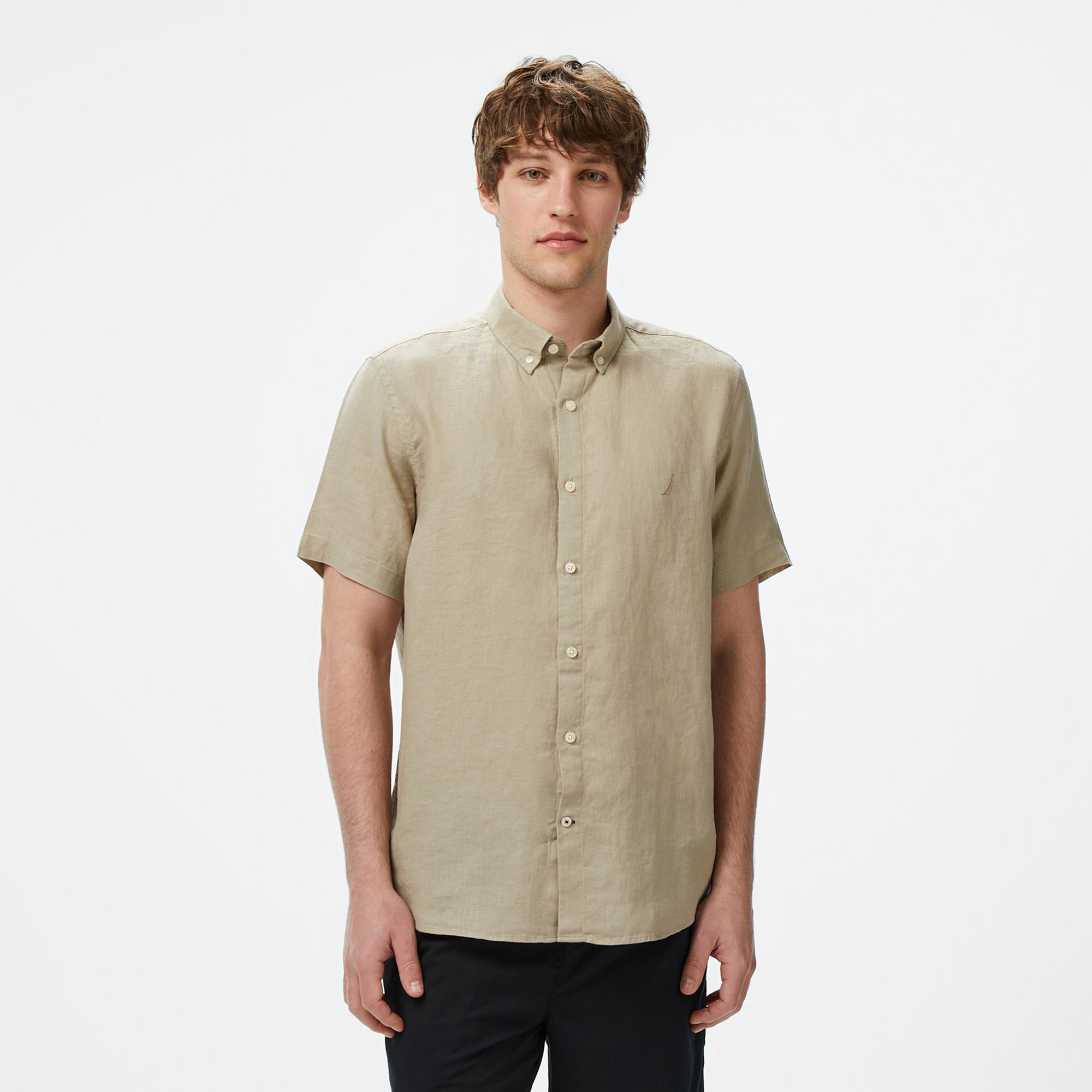 Nautica Erkek Bej Classic Fit Keten Gömlek