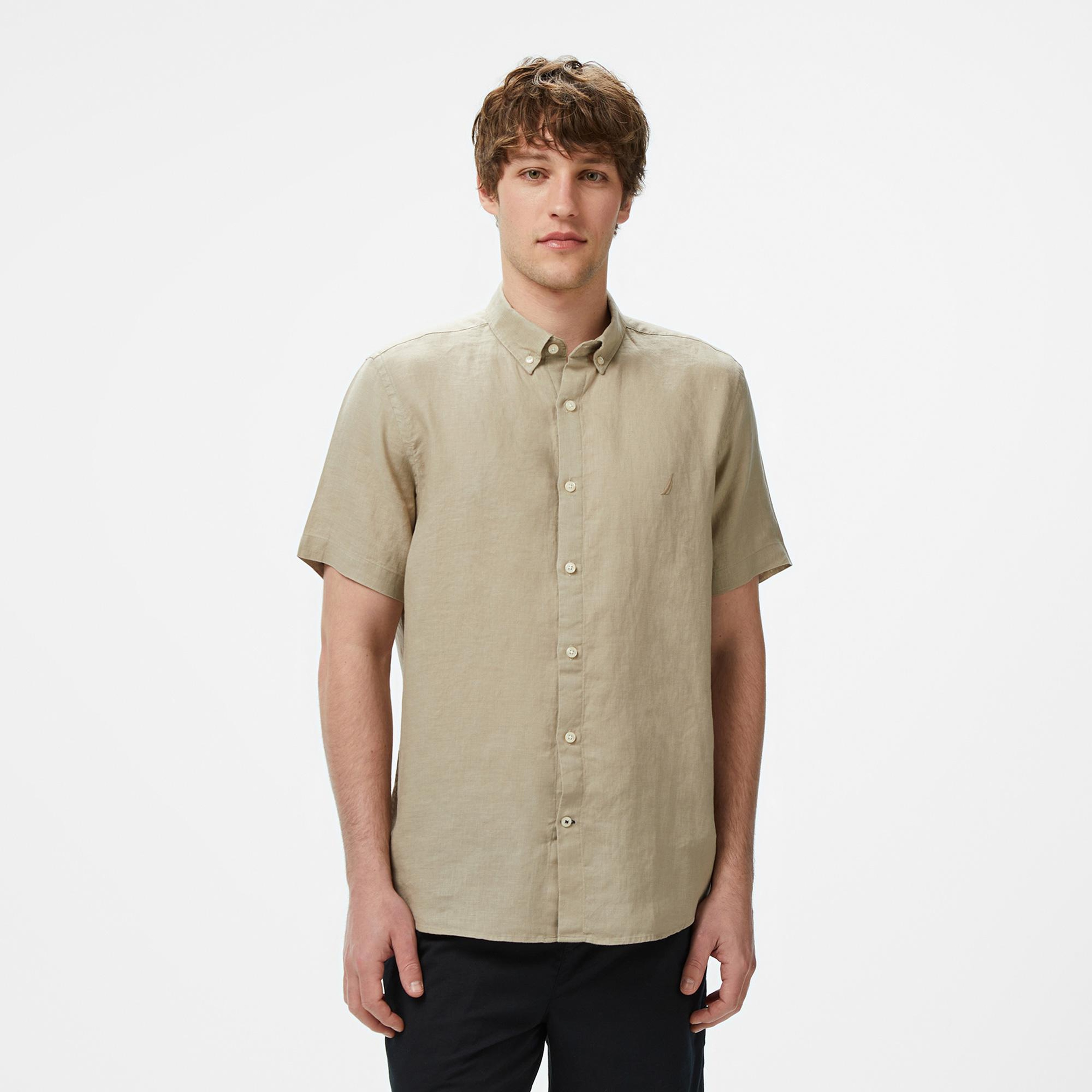 Nautica Erkek Bej Classic Fit Keten Gömlek