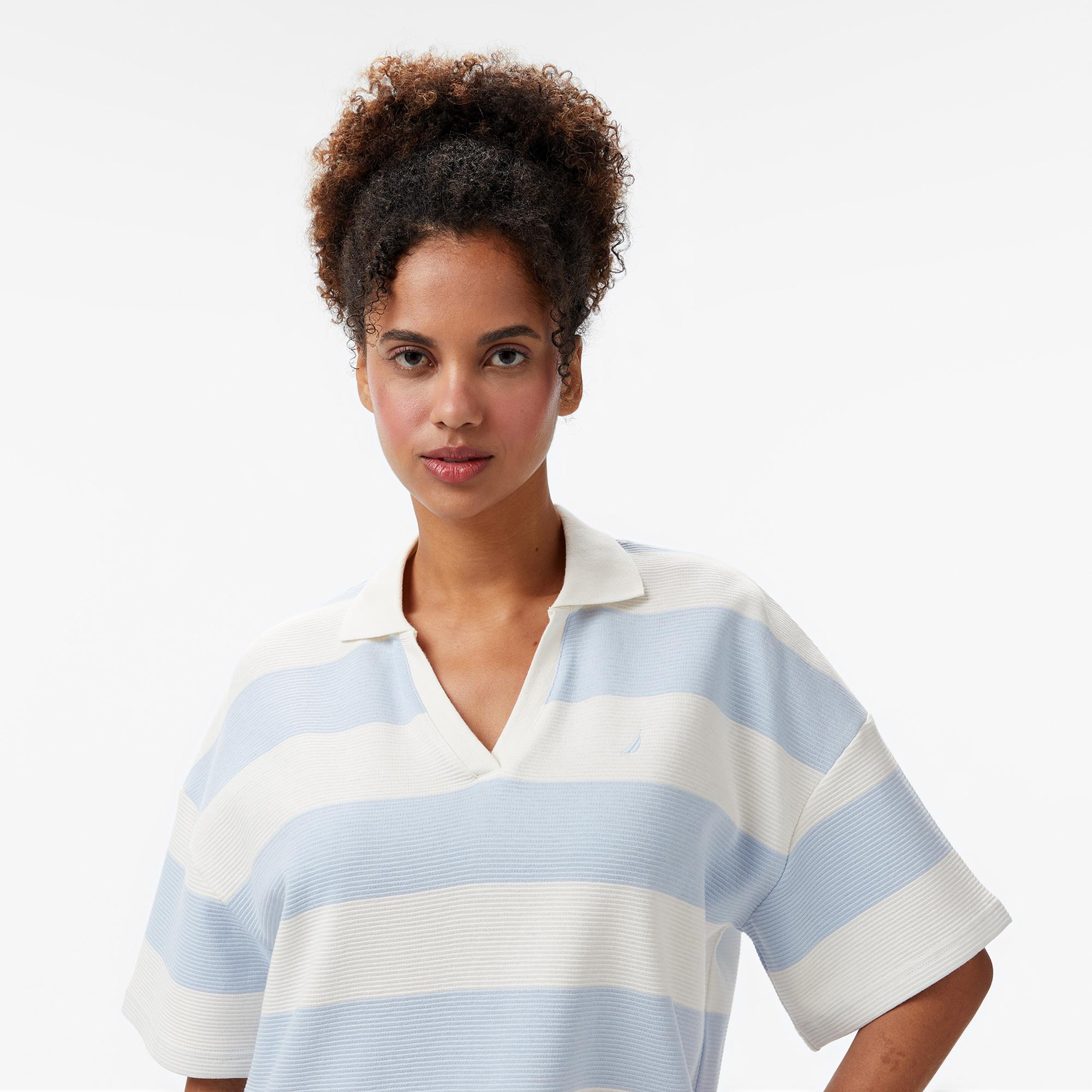 Nautica Kadın Mavi Regular Fit Çizgili Polo Yaka T-Shirt