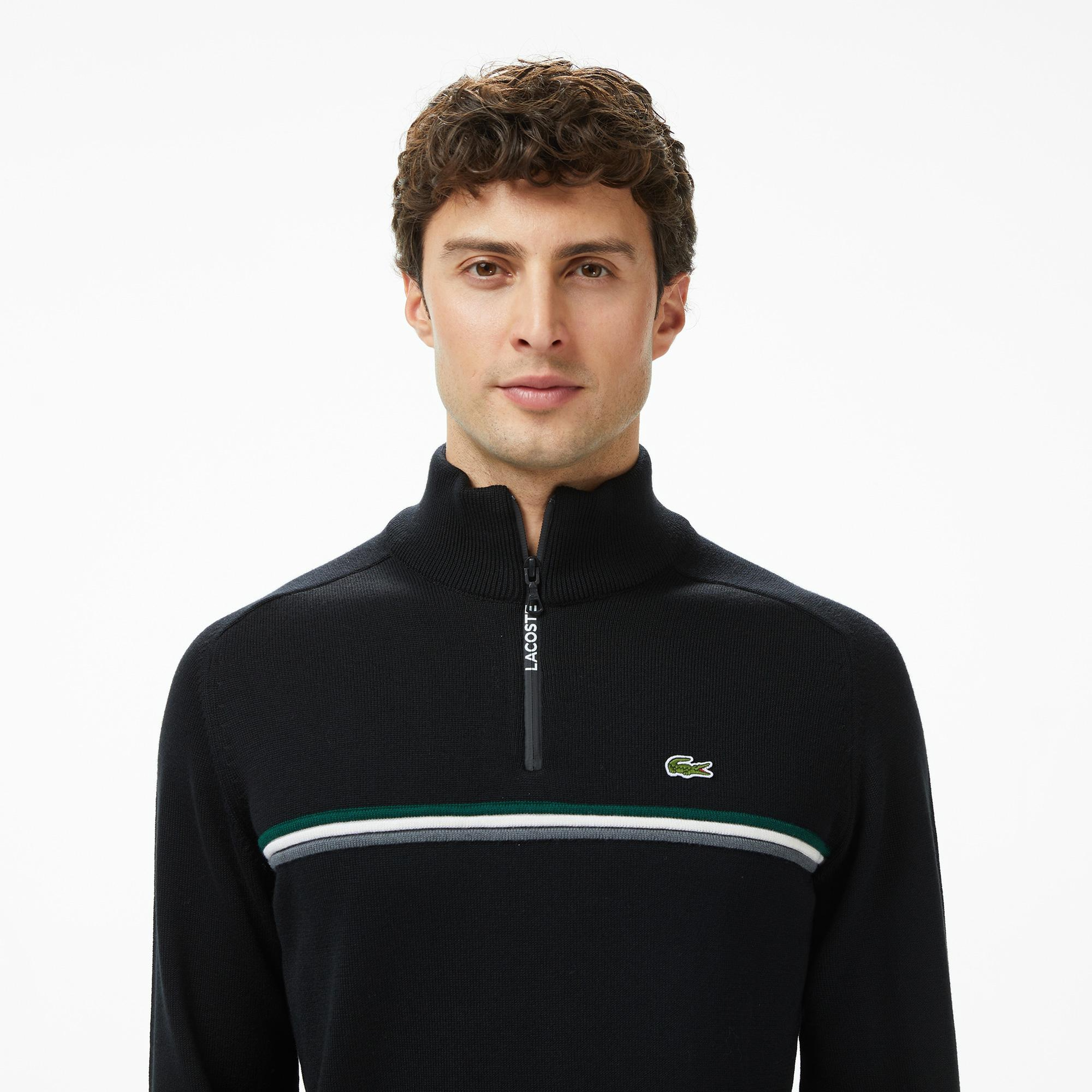 Erkek Classic Fit Yarım Fermuarlı Çizgili Siyah Kazak