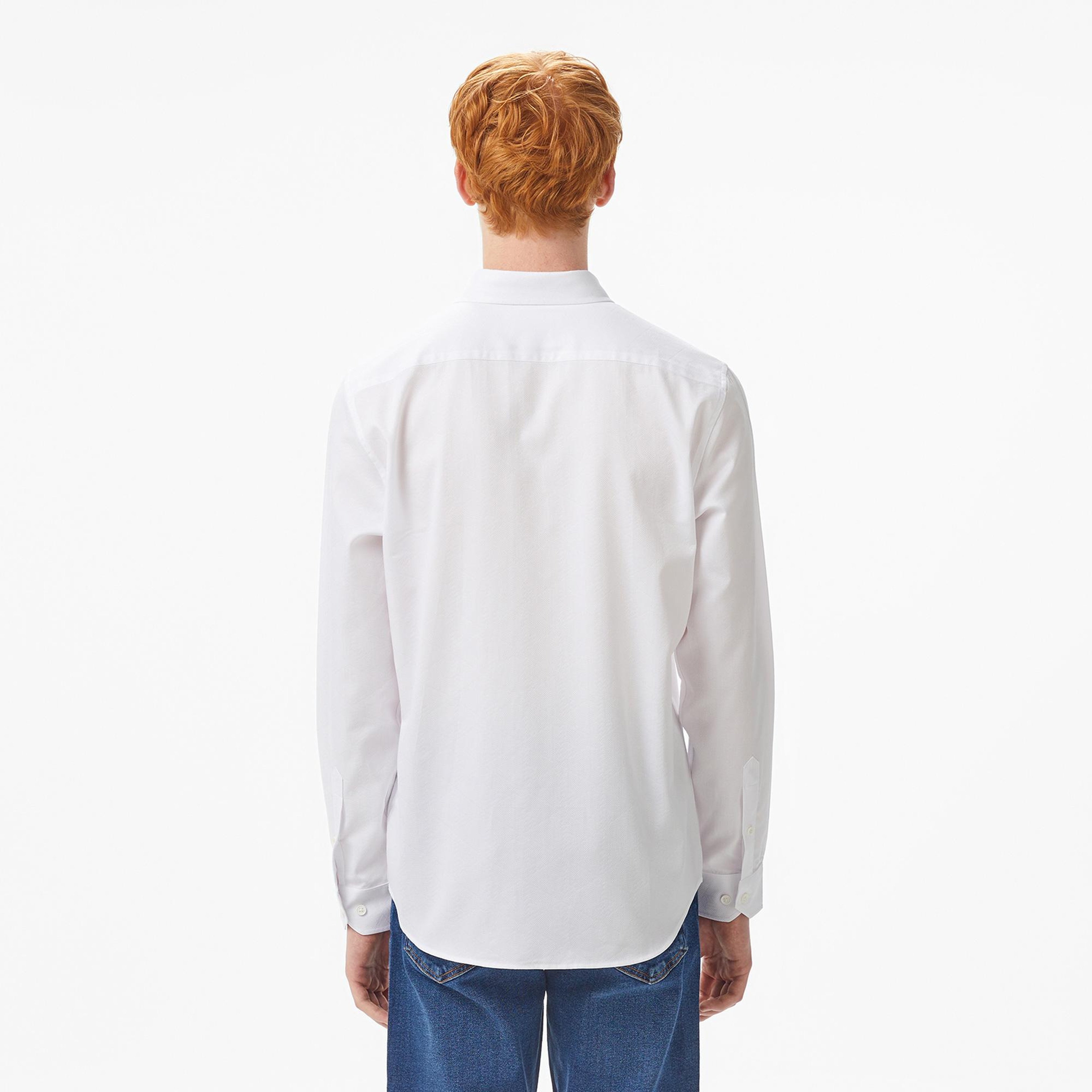 Erkek Slim Fit Düğmeli Yaka Beyaz Gömlek