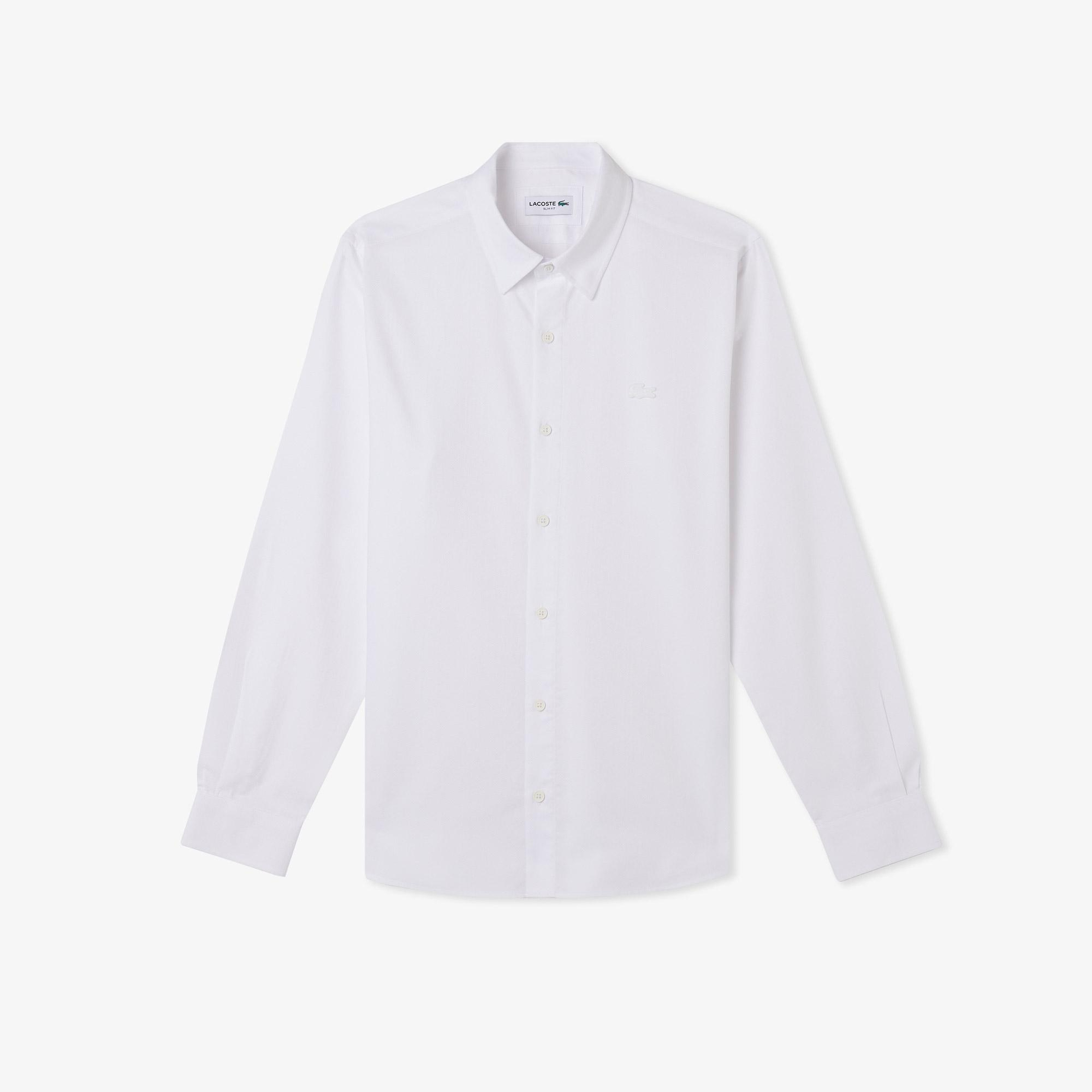 Erkek Slim Fit Düğmeli Yaka Beyaz Gömlek
