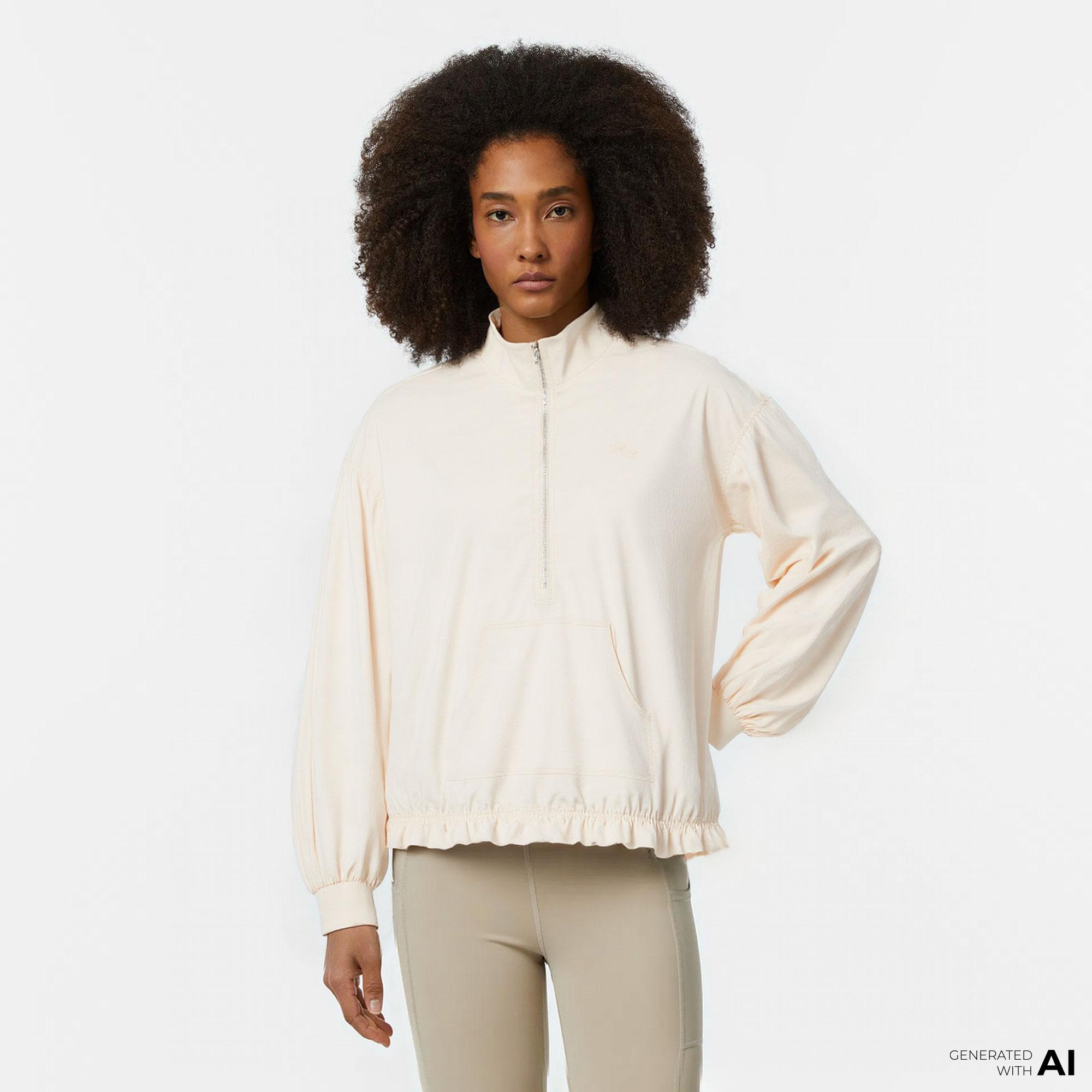 Lacoste Kadın Oversize Fit Yarım Fermuarlı Krem Sweatshirt