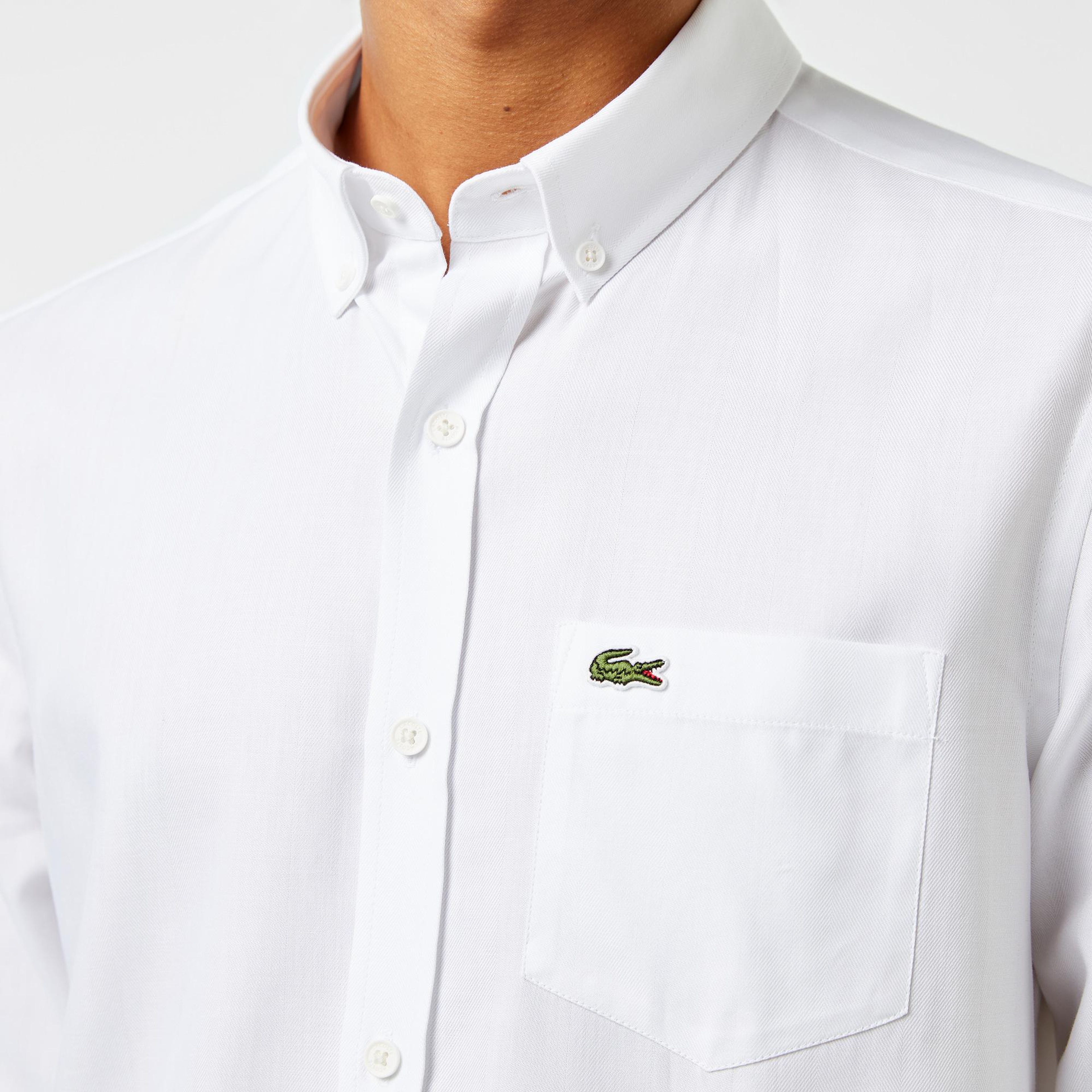 Erkek Slim Fit Düğmeli Yaka Beyaz Gömlek