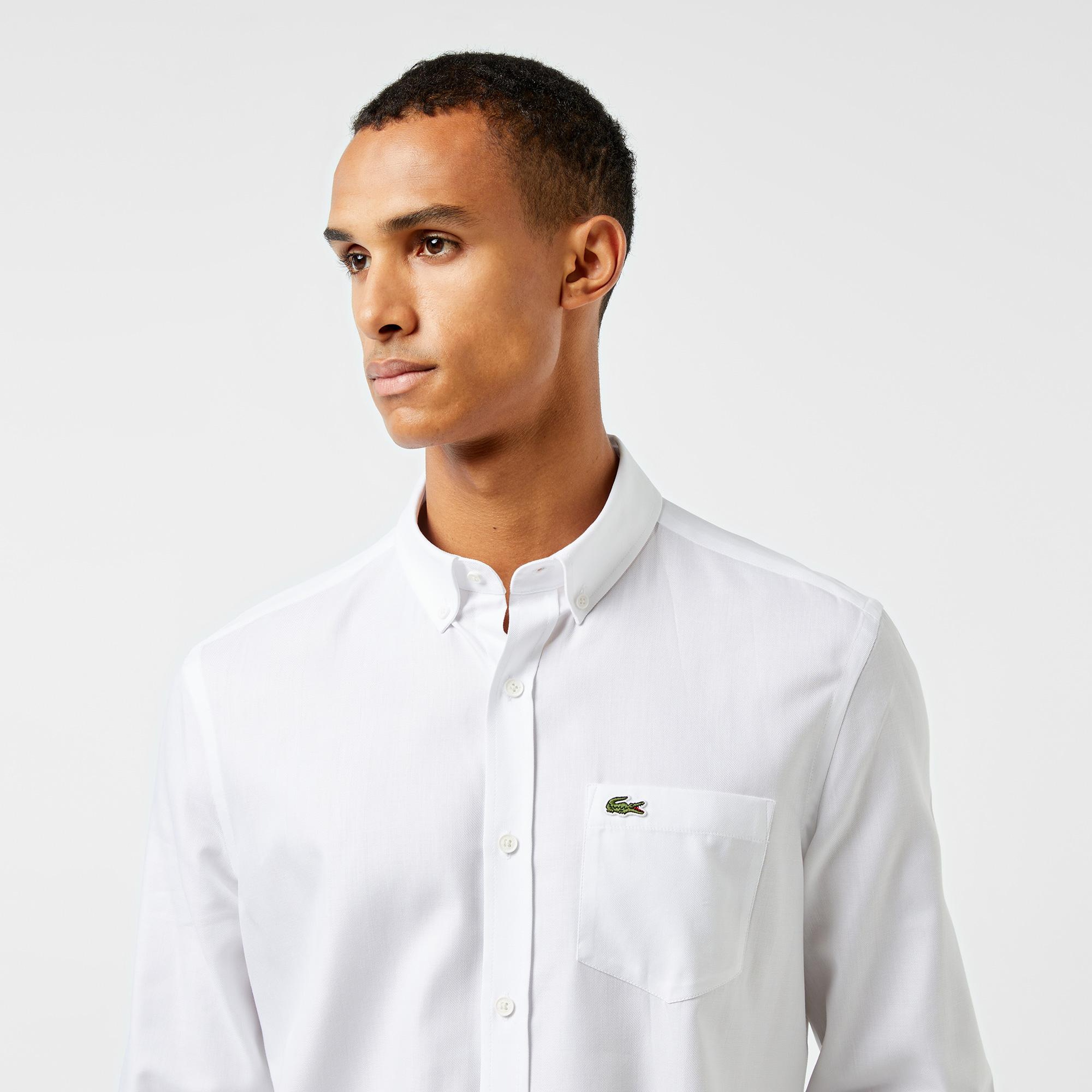 Erkek Slim Fit Düğmeli Yaka Beyaz Gömlek
