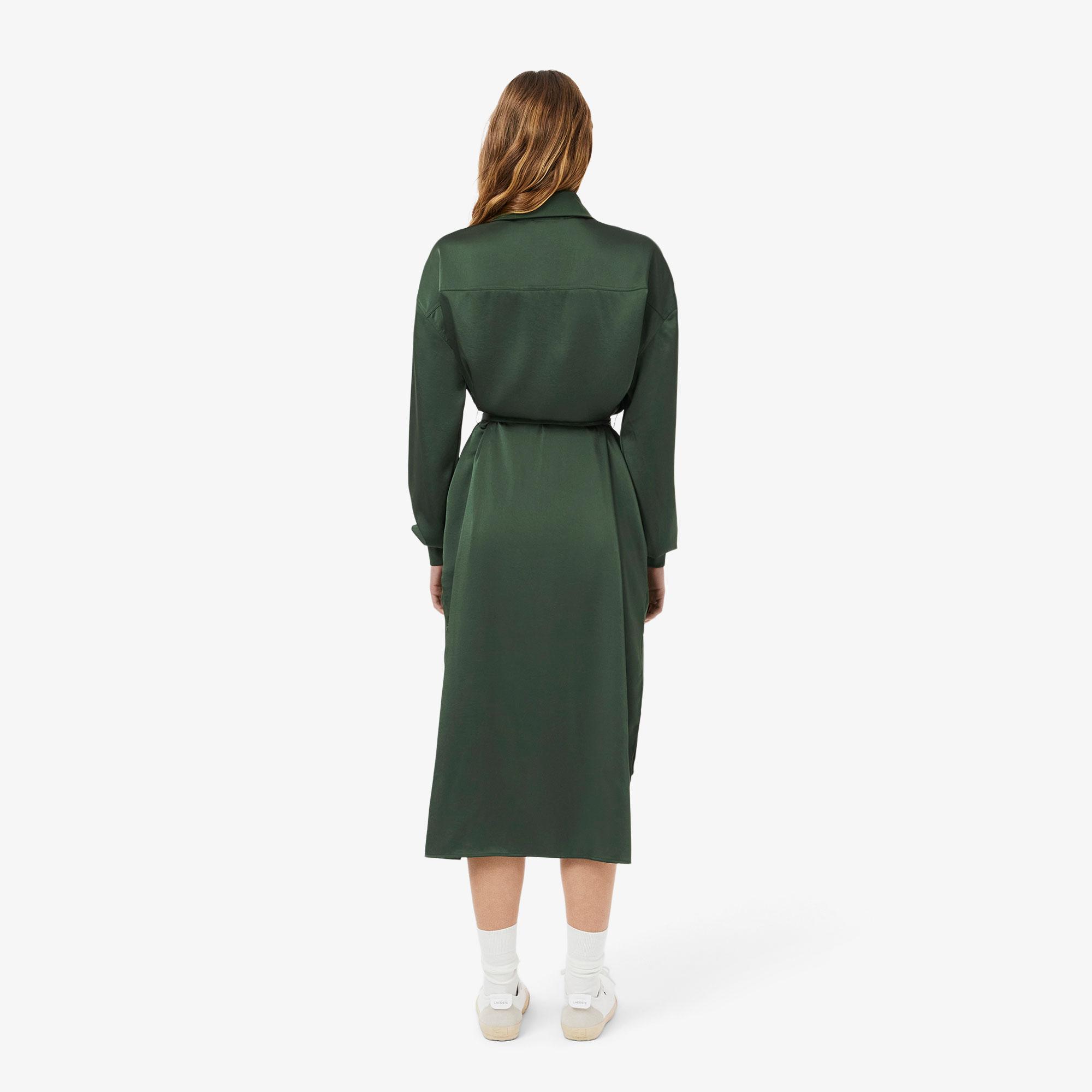 Kadın Relaxed Fit Uzun Kollu Yarım Fermuarlı Koyu Yeşil Elbise