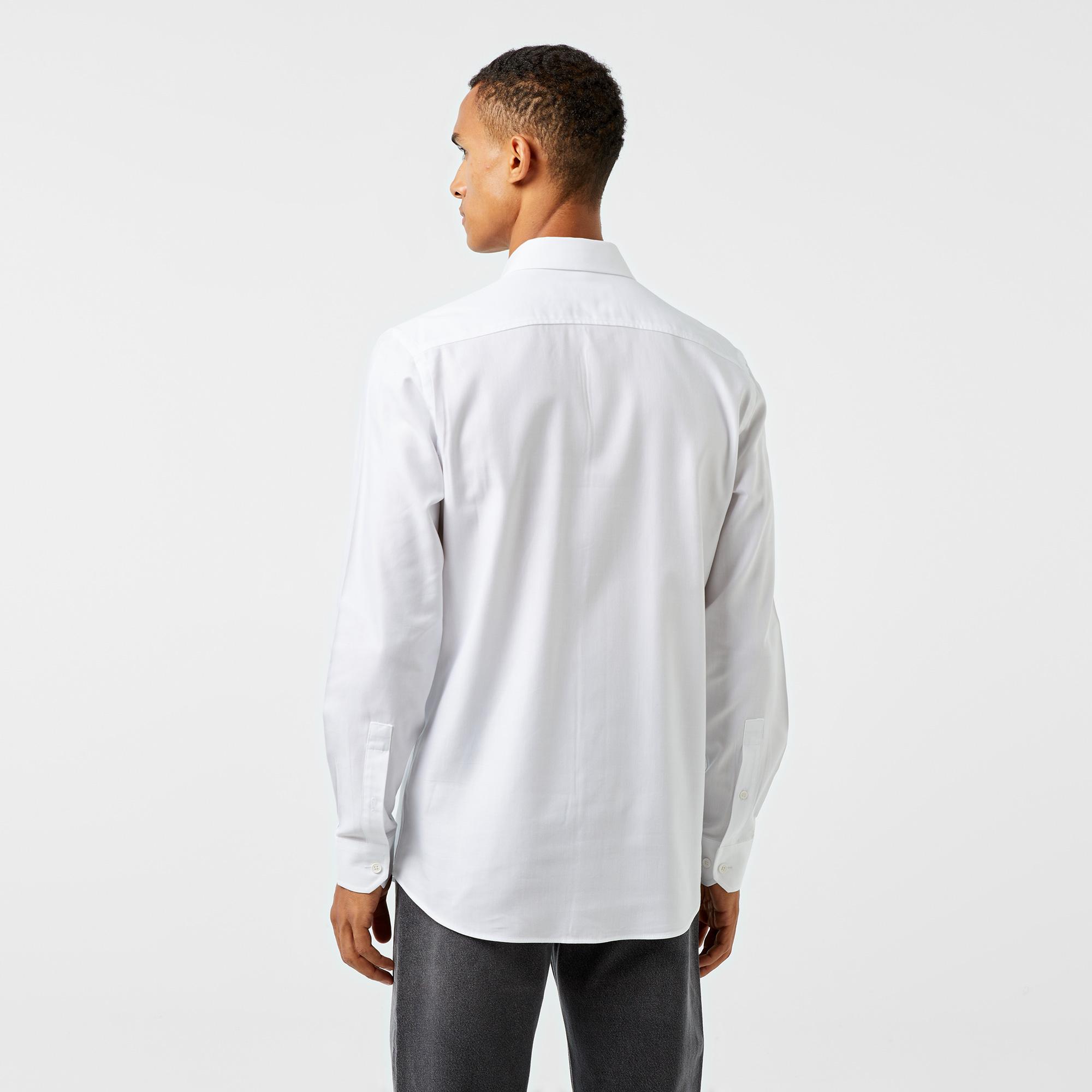 Erkek Slim Fit Düğmeli Yaka Beyaz Gömlek