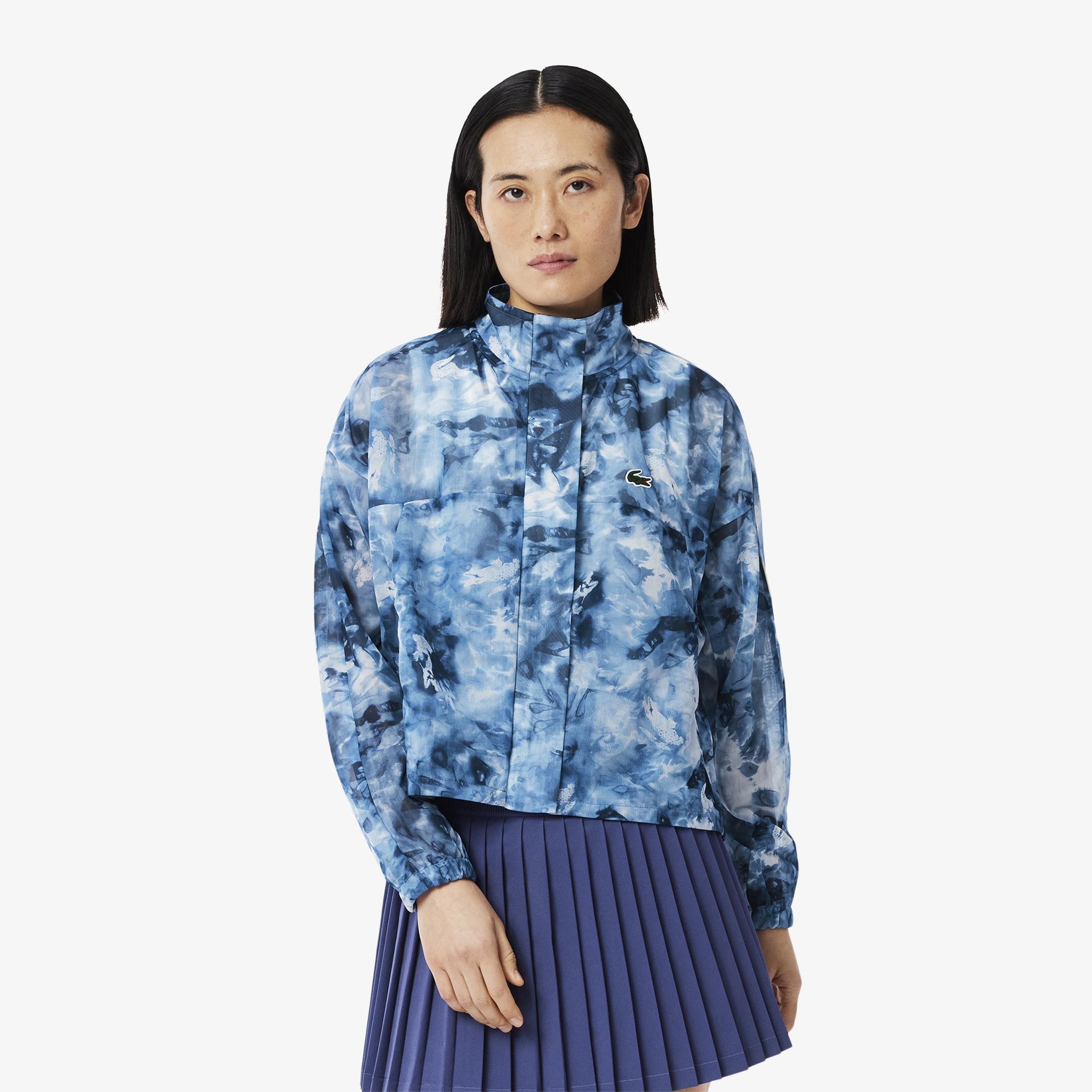 Kadın Relaxed Fit Dik Yaka Desenli Mavi Ceket