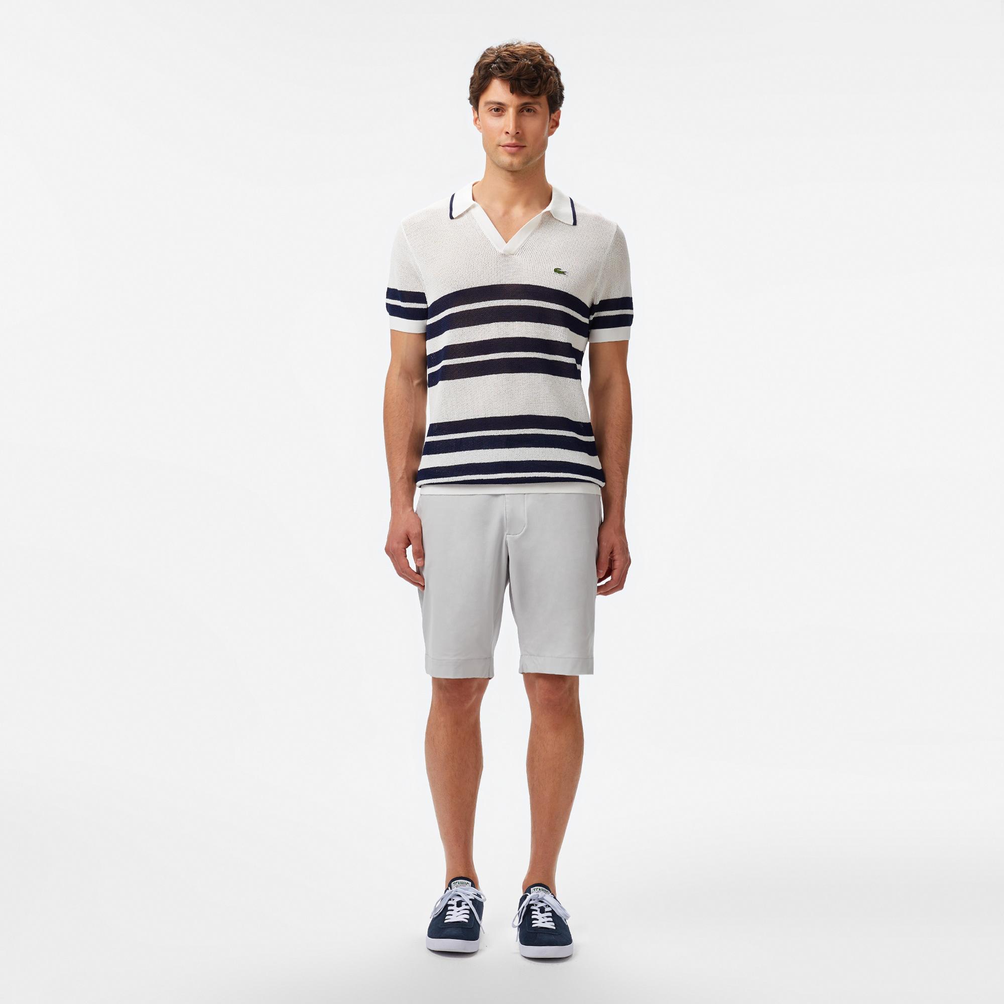 Erkek Classic Fit Kısa Kollu Polo Yaka Çizgili Beyaz Triko