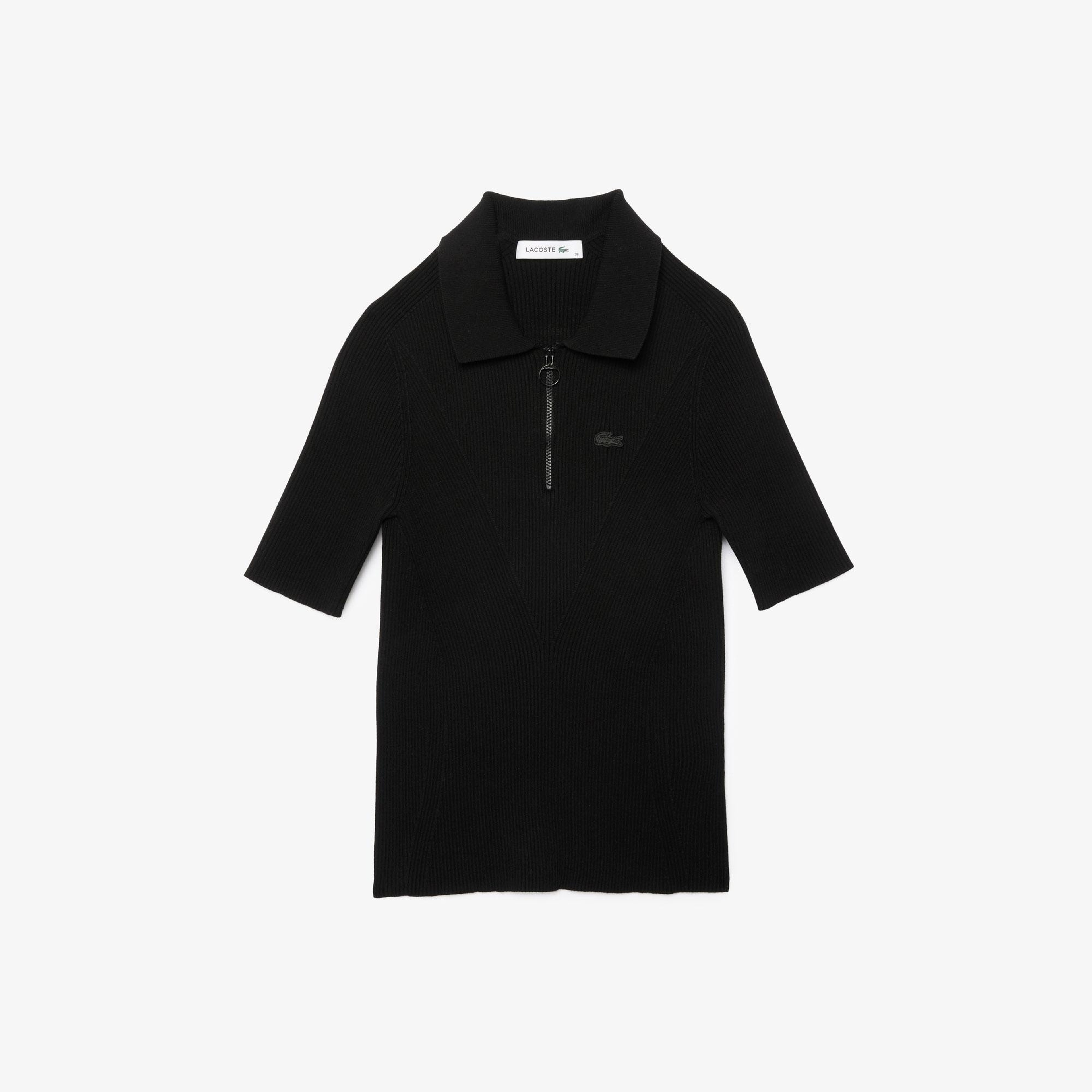 Kadın Slim Fit Kısa Kollu Yarım Fermuarlı Siyah Triko