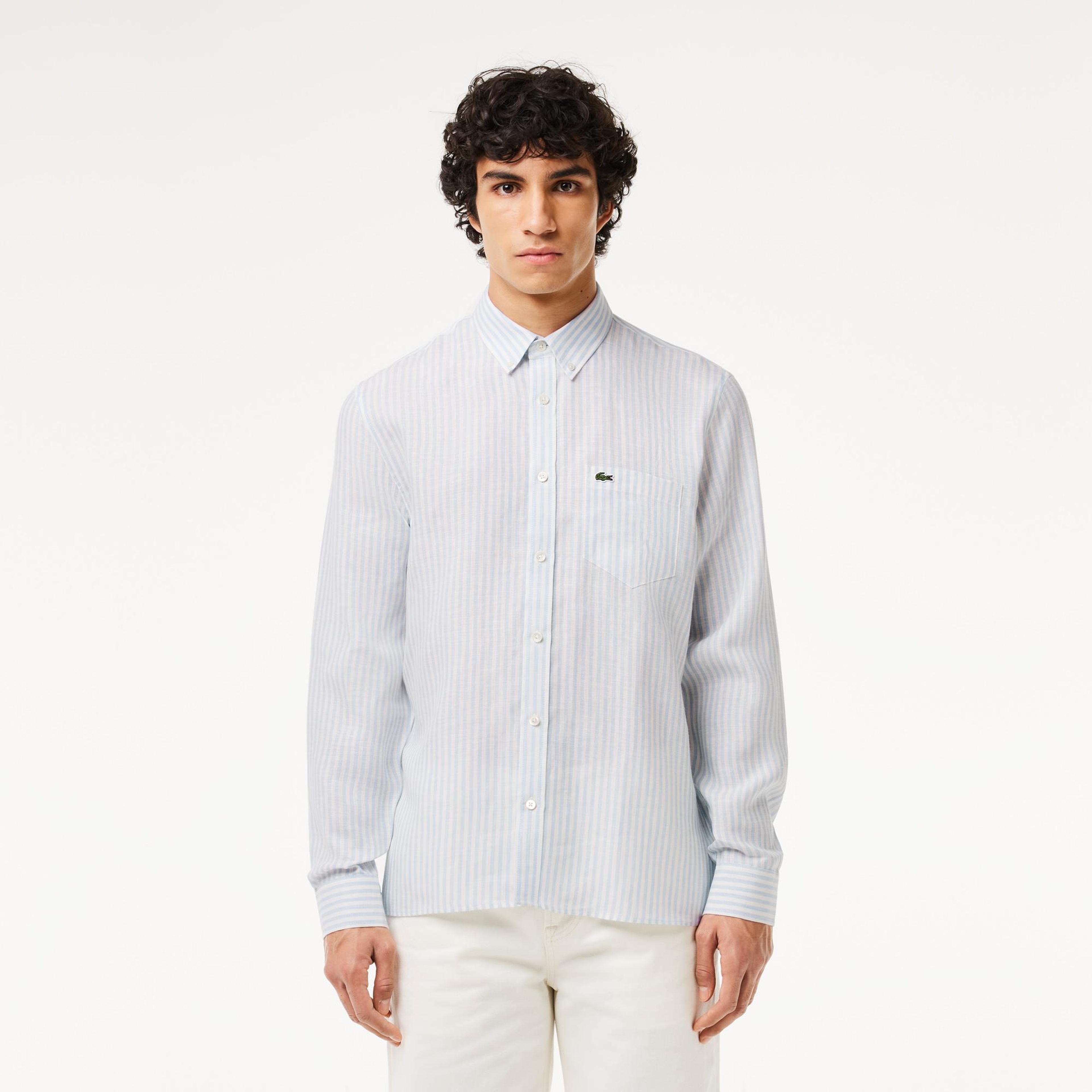 Lacoste Erkek Regular Fit Düğmeli Yaka Çizgili Keten Açık Mavi Gömlek