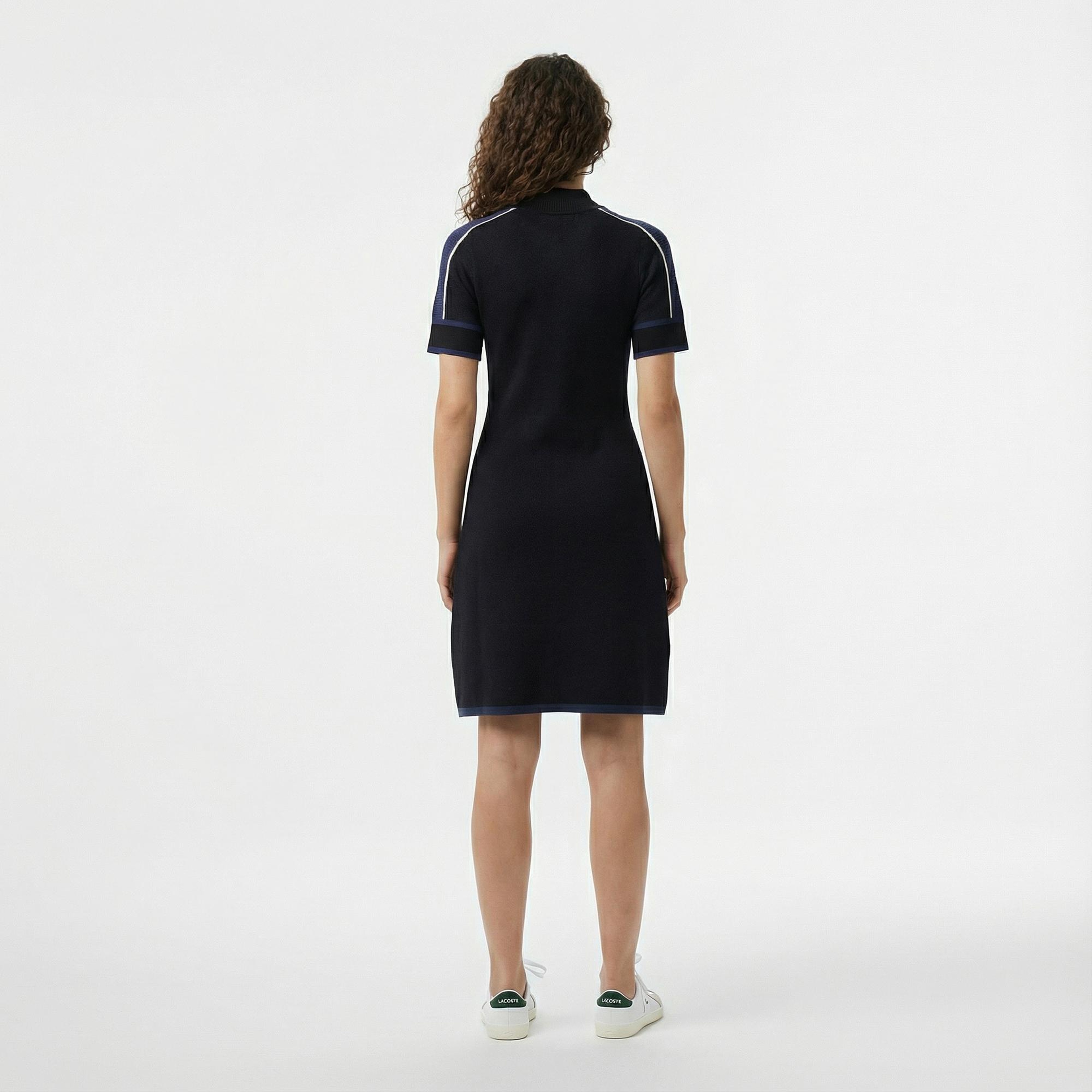 Kadın Classic Fit Kısa Kollu Yarım Fermuarlı Renk Bloklu Siyah Elbise