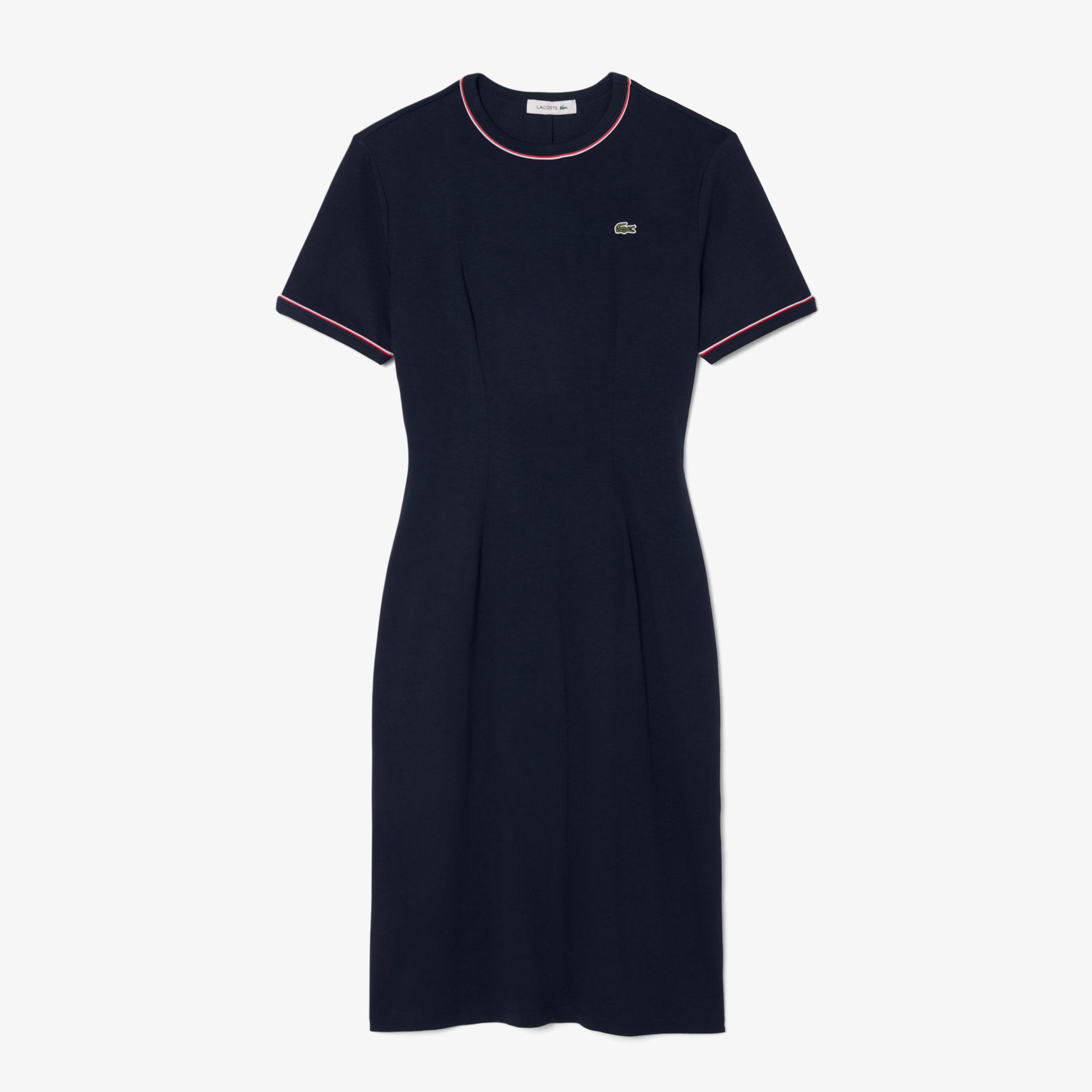 Kadın Flare Fit Kısa Kollu Bisiklet Yaka Lacivert Elbise