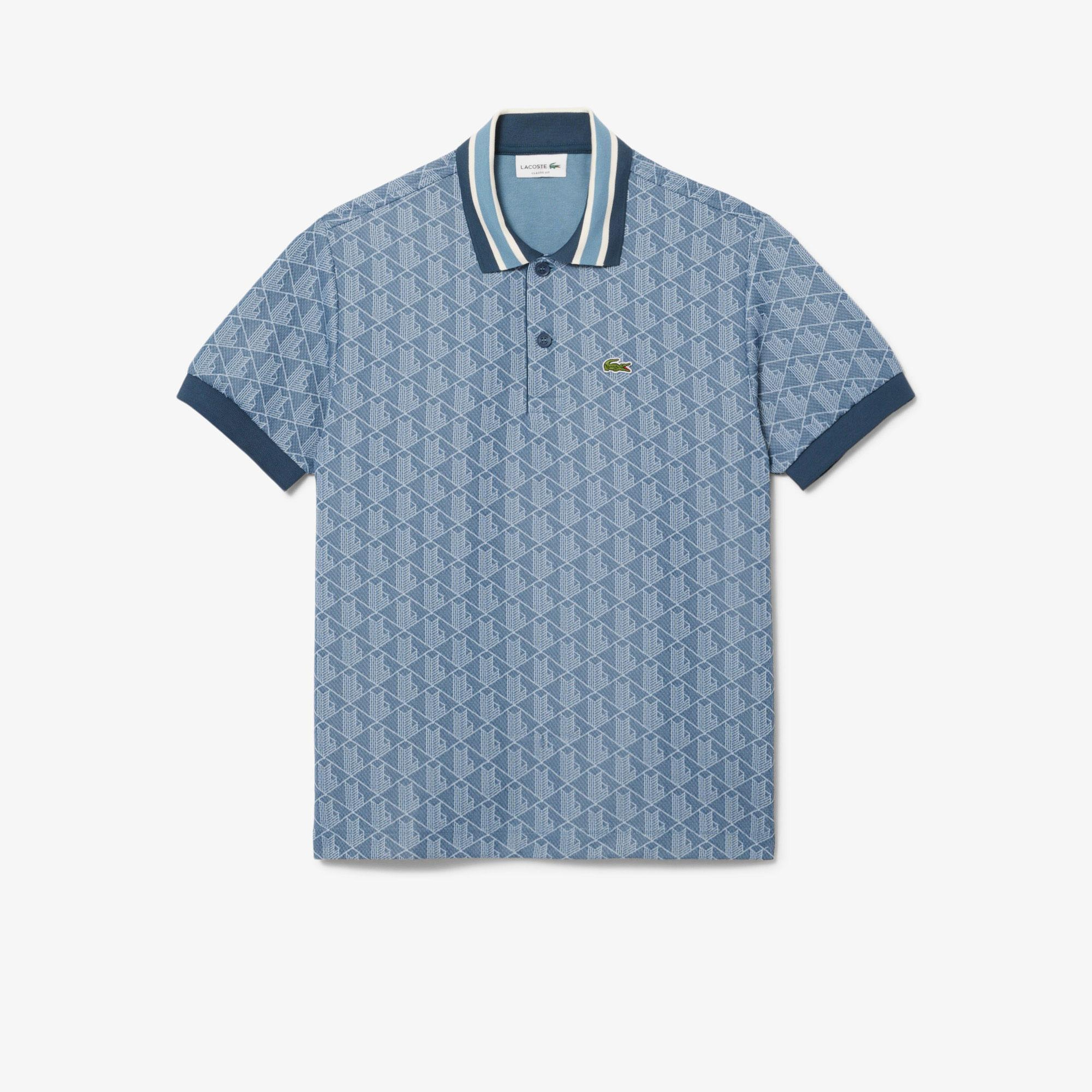 Erkek Classic Fit Monogram Mavi Polo