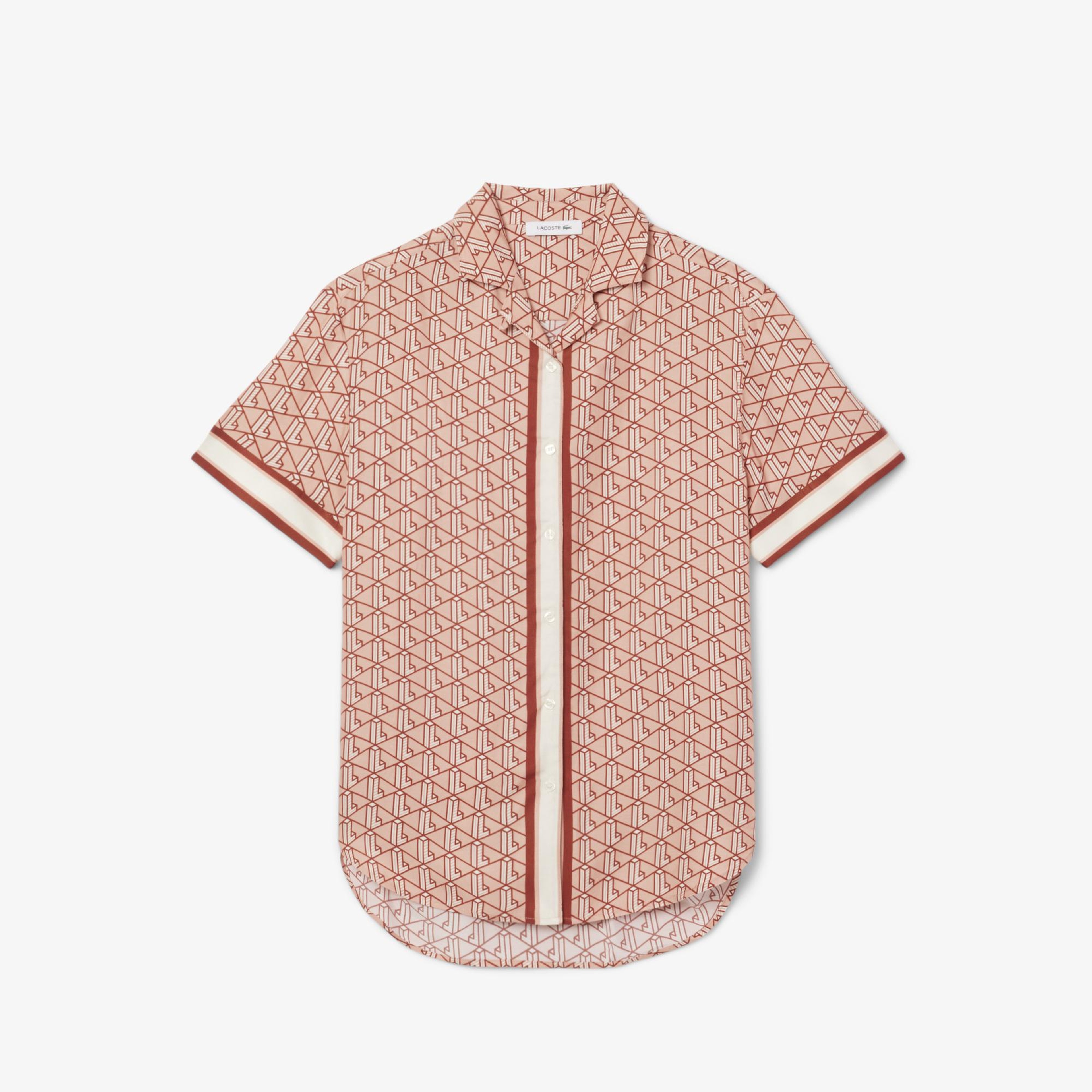 Kadın Oversize Fit Kısa Kollu Monogram Bej Gömlek