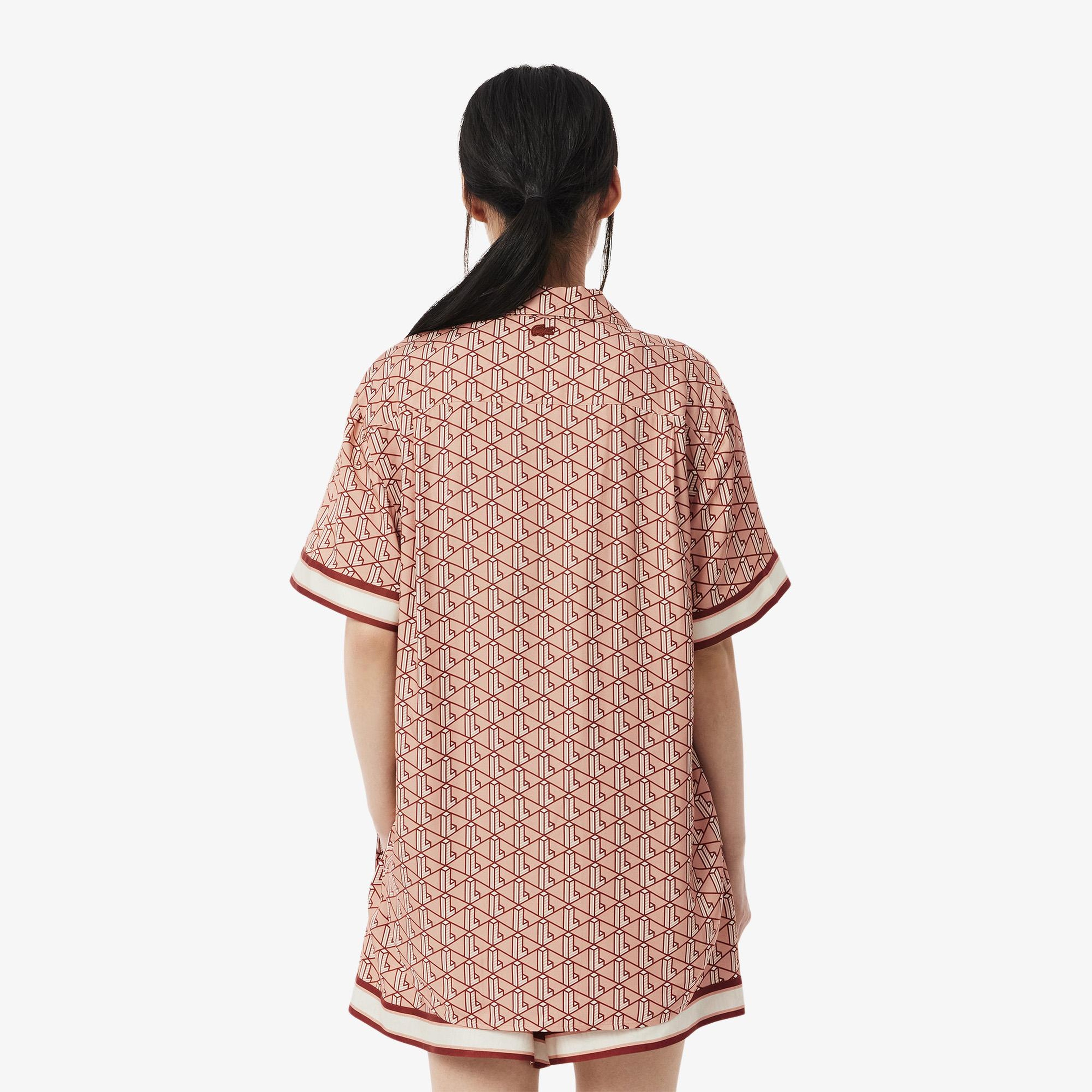 Kadın Oversize Fit Kısa Kollu Monogram Bej Gömlek