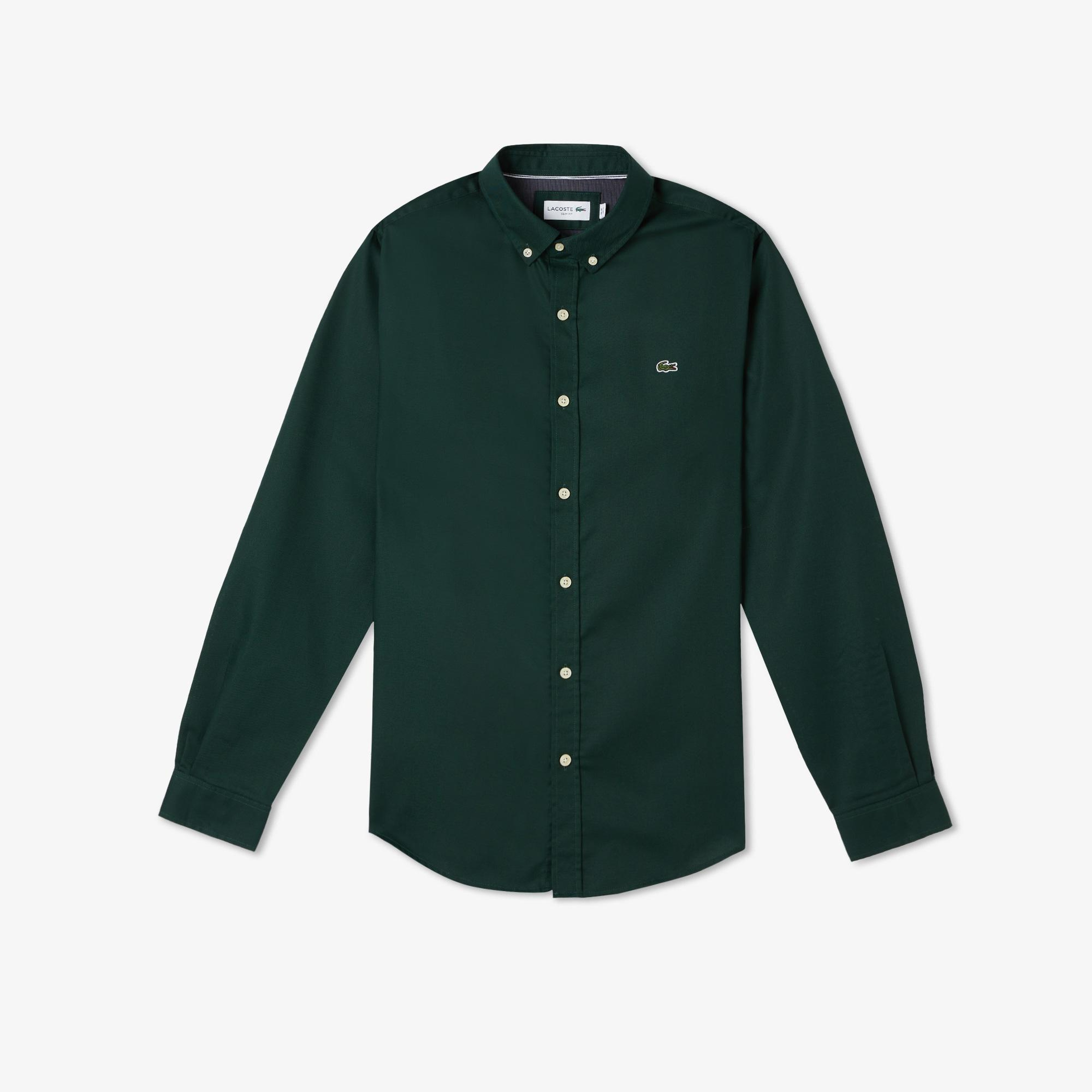 Erkek Slim Fit Düğmeli Yaka Koyu Yeşil Gömlek