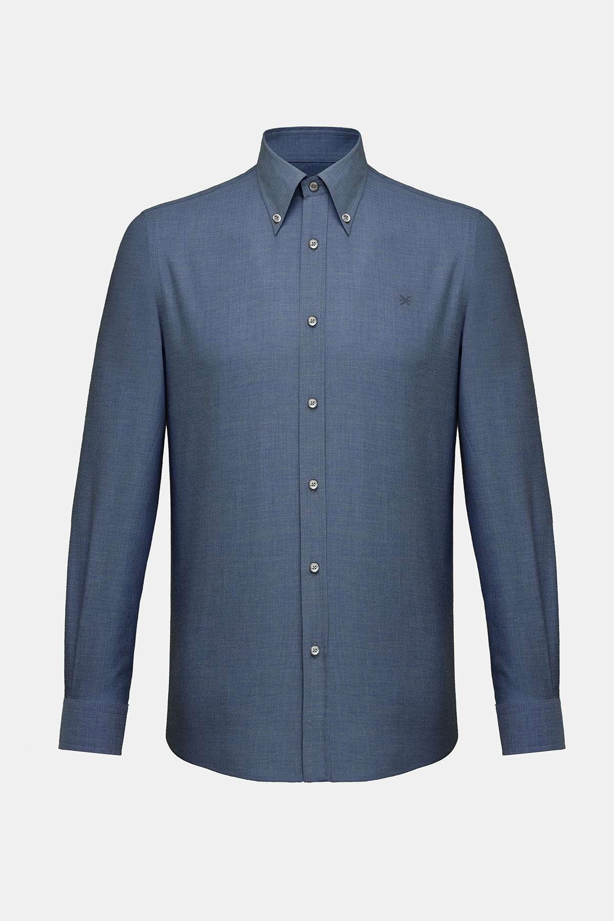 Erkek Lacivert Cooper Fit Düğmeli Yaka Flannel Spor Gömlek