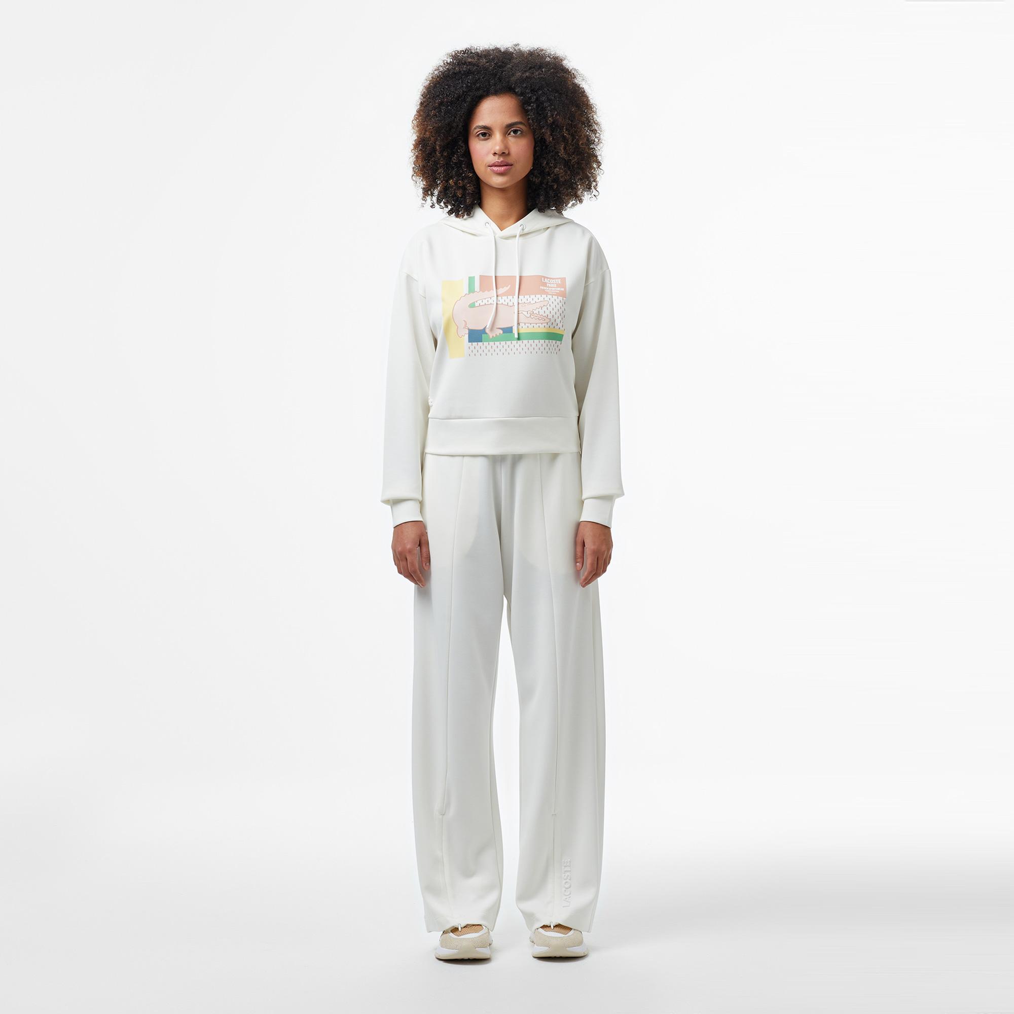 Kadın Relaxed Fit Kapüşonlu Baskılı Beyaz Sweatshirt
