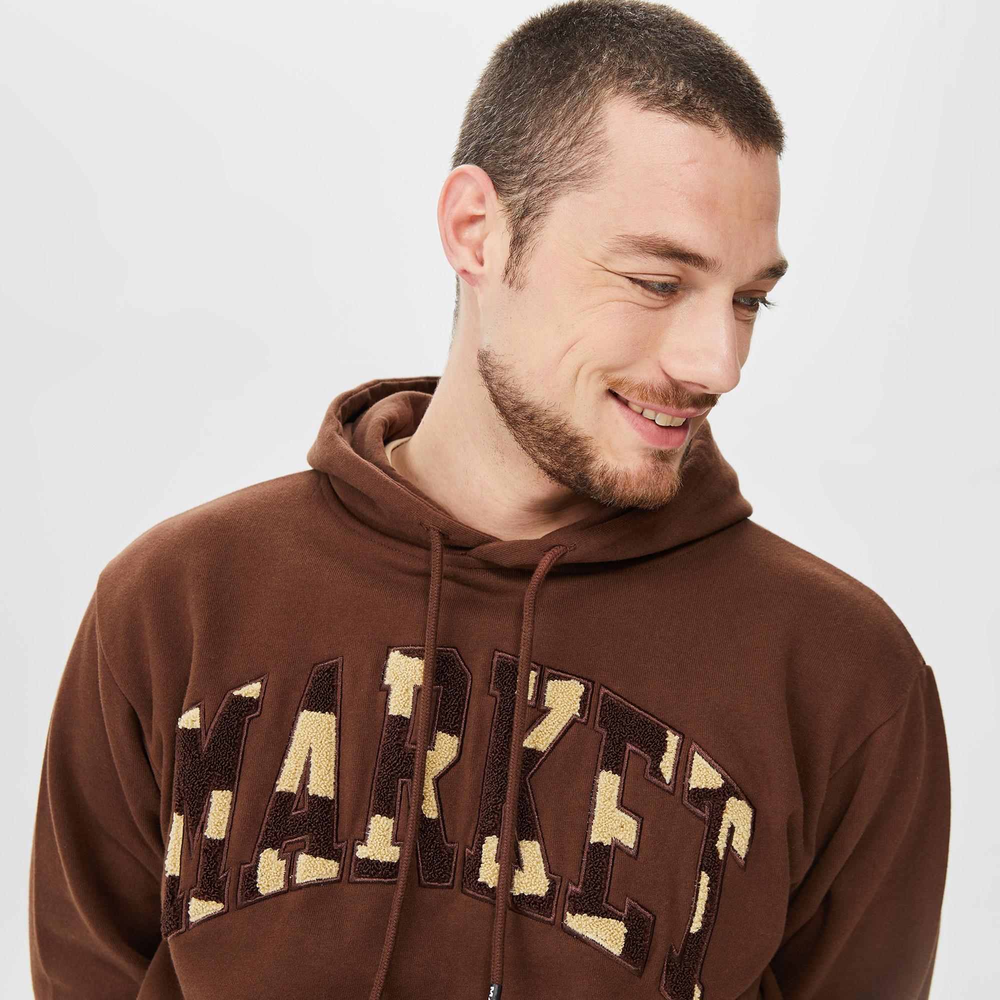 Market Chess Club Applique Fleece Erkek Kahverengi Hoodie