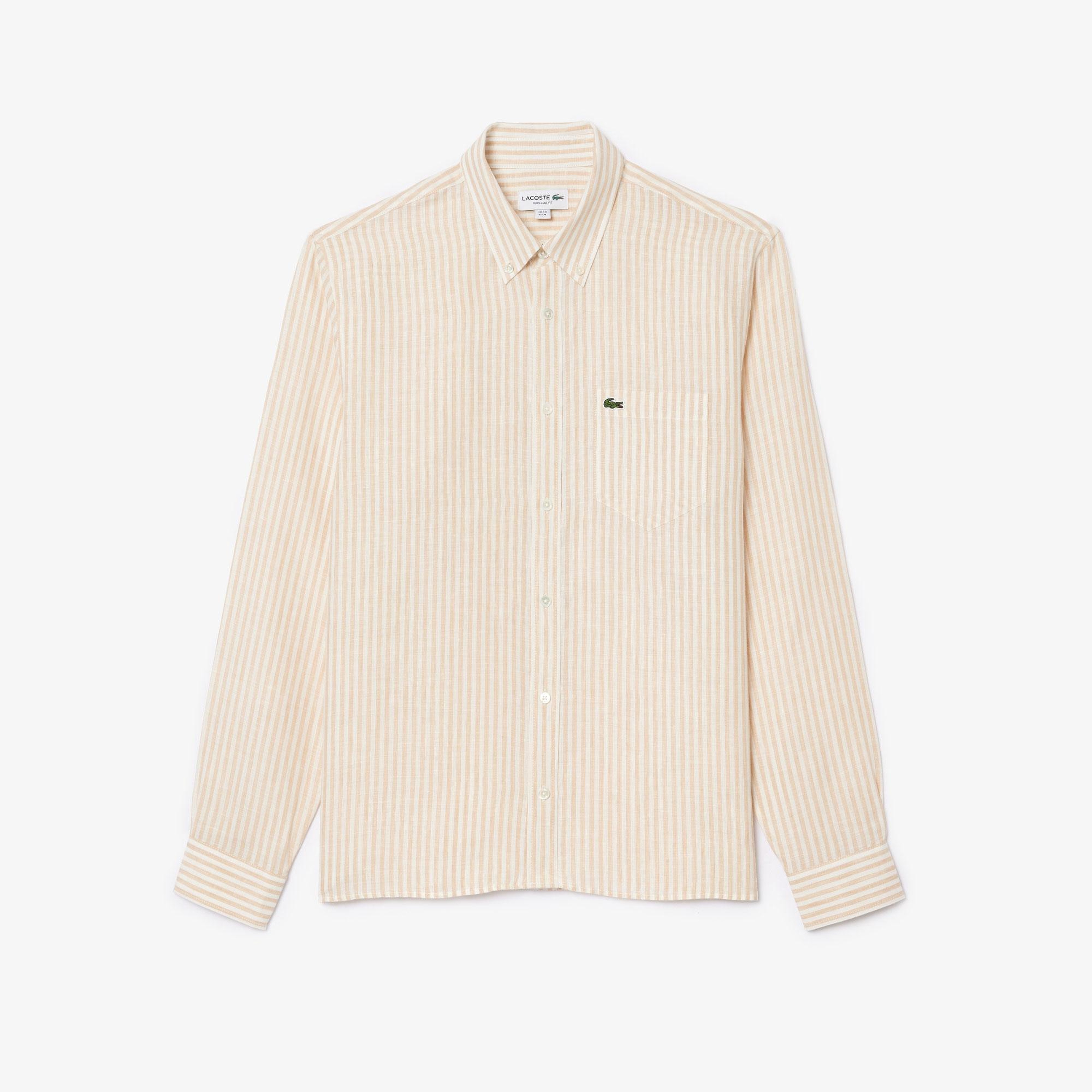 Lacoste Erkek Regular Fit Düğmeli Yaka Çizgili Keten Sarı Gömlek