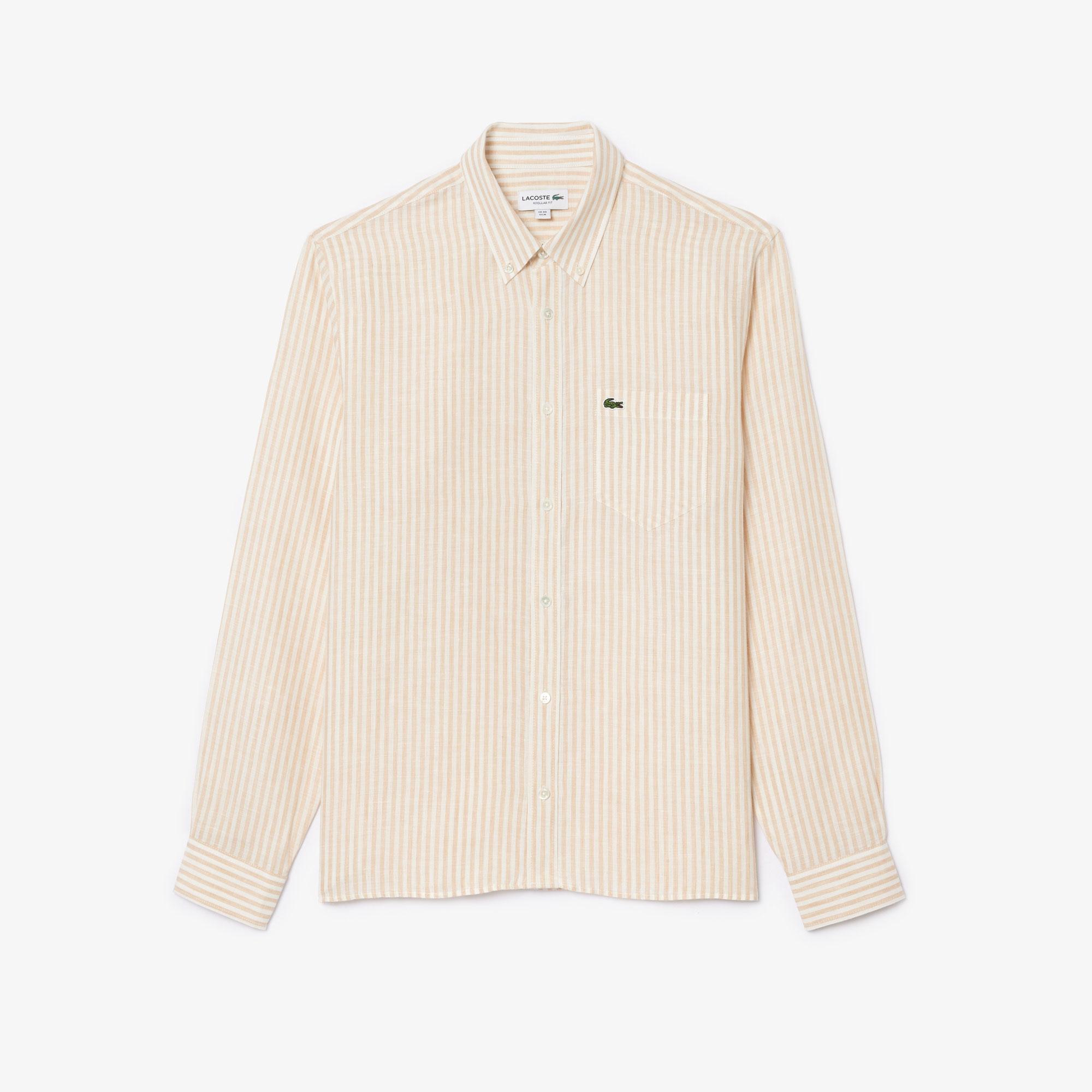 Lacoste Erkek Regular Fit Düğmeli Yaka Çizgili Keten Sarı Gömlek