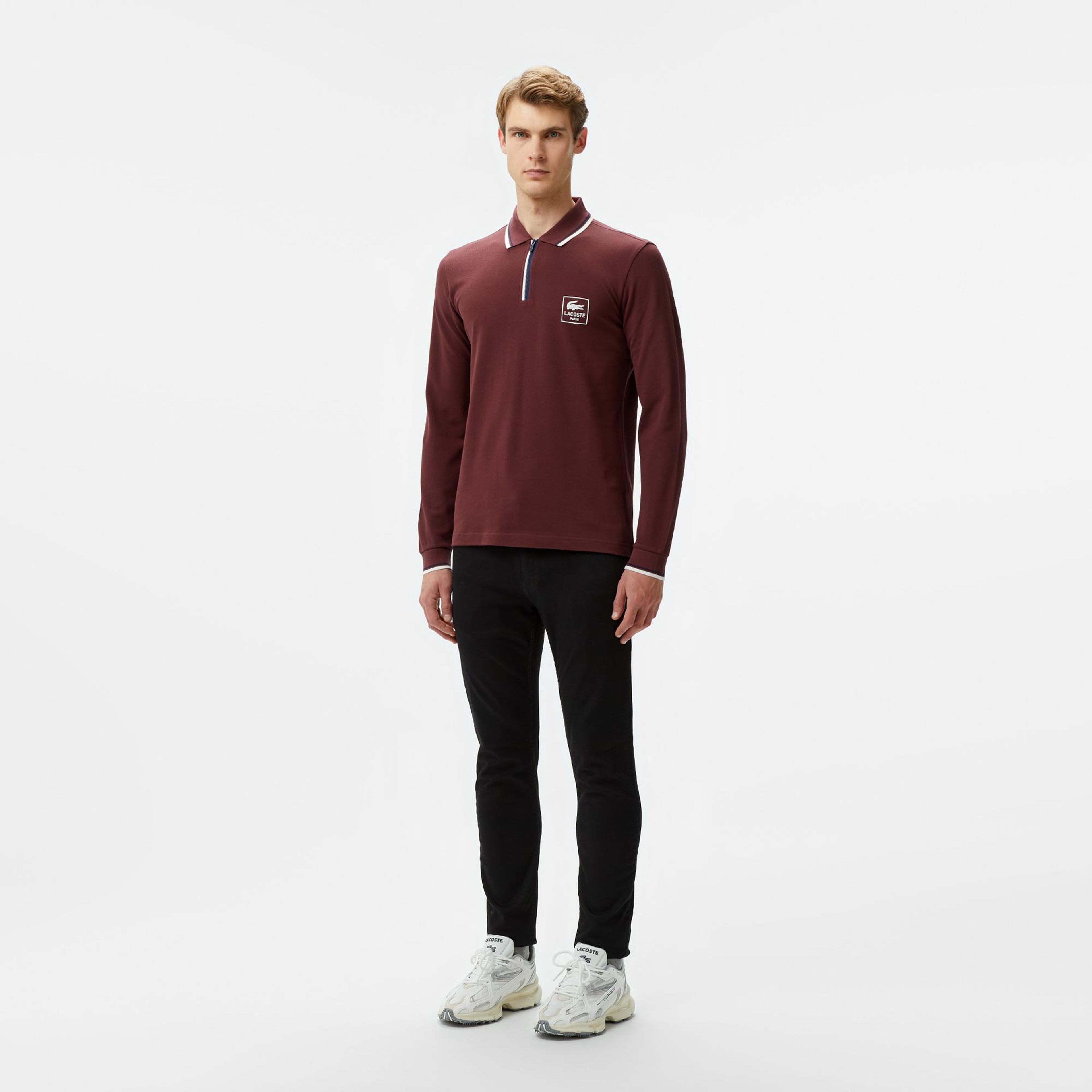 Erkek Regular Fit Uzun Kollu Yarım Fermuarlı Bordo Polo