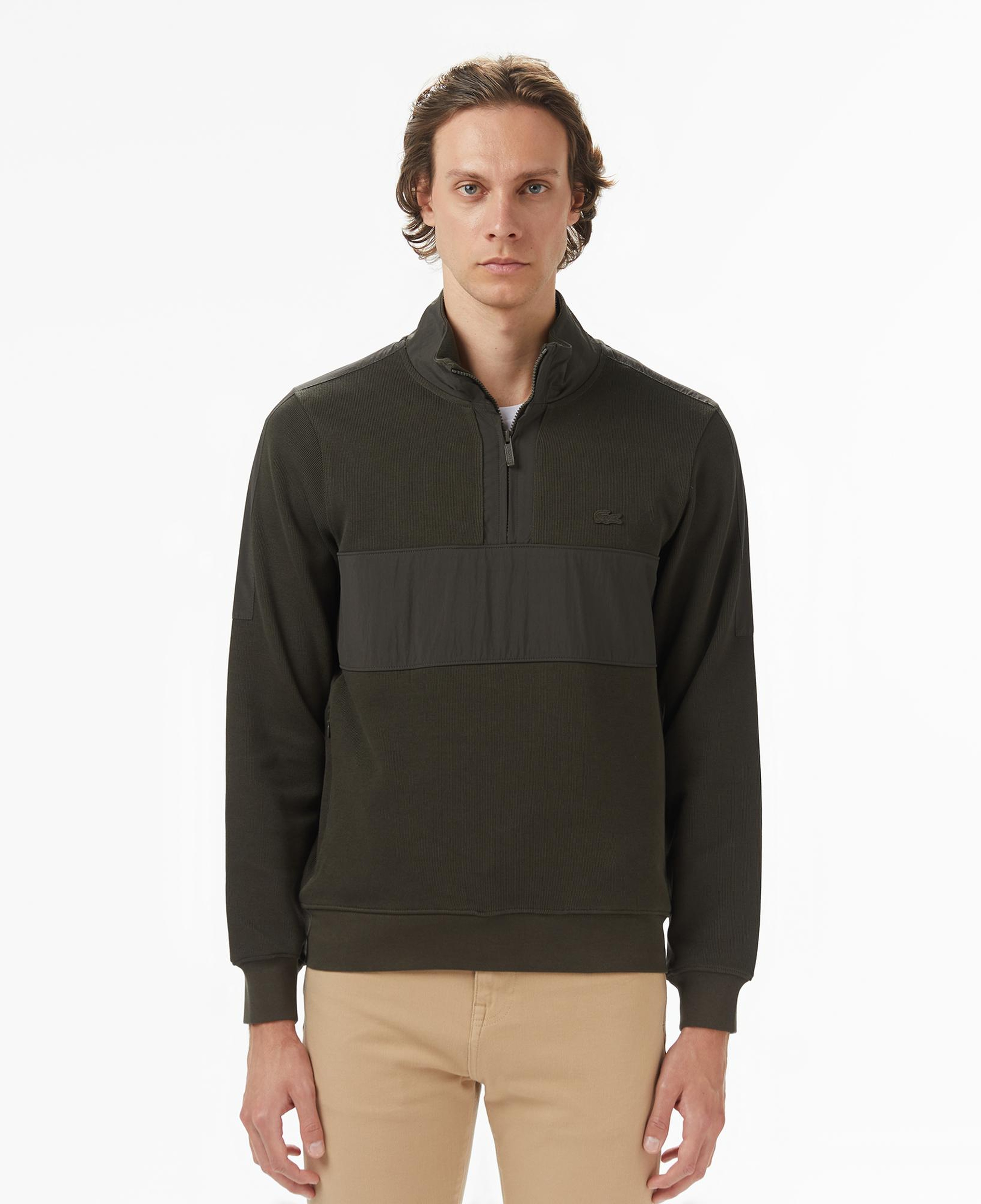 Erkek Classic Fit Yarım Fermuarlı Haki Sweatshirt