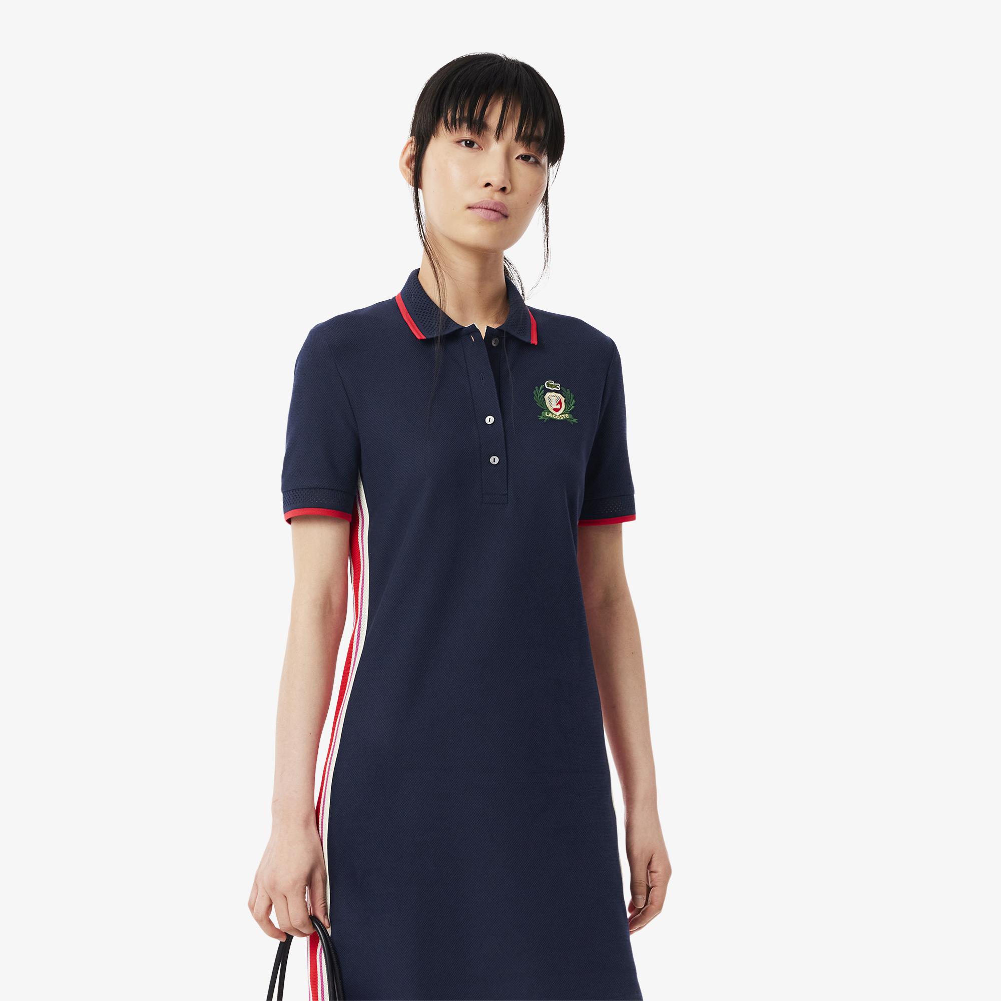 Kadın Slim Fit Kısa Kollu Polo Yaka Renk Bloklu Lacivert Elbise