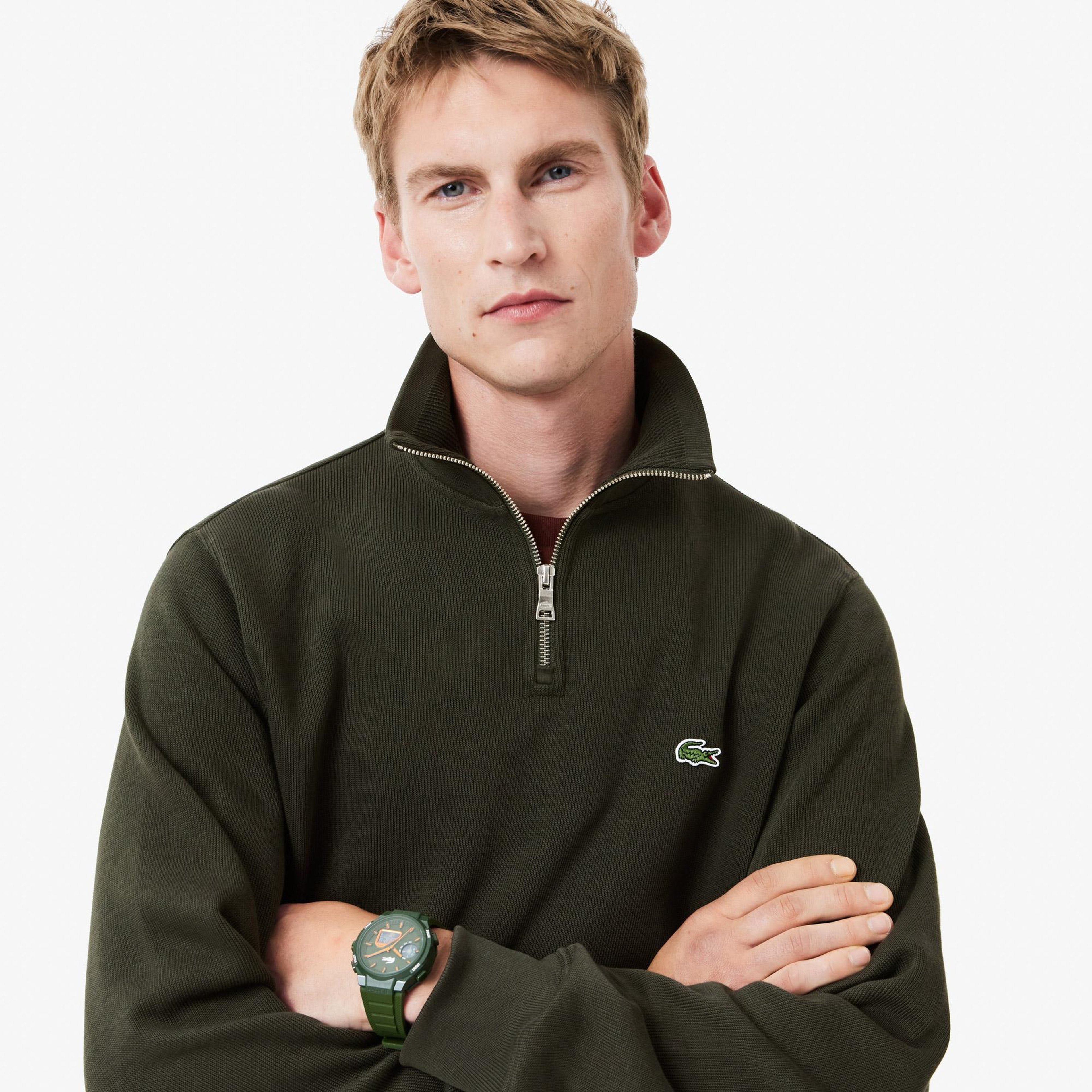 Erkek Classic Fit Yarım Fermuarlı Haki Sweatshirt