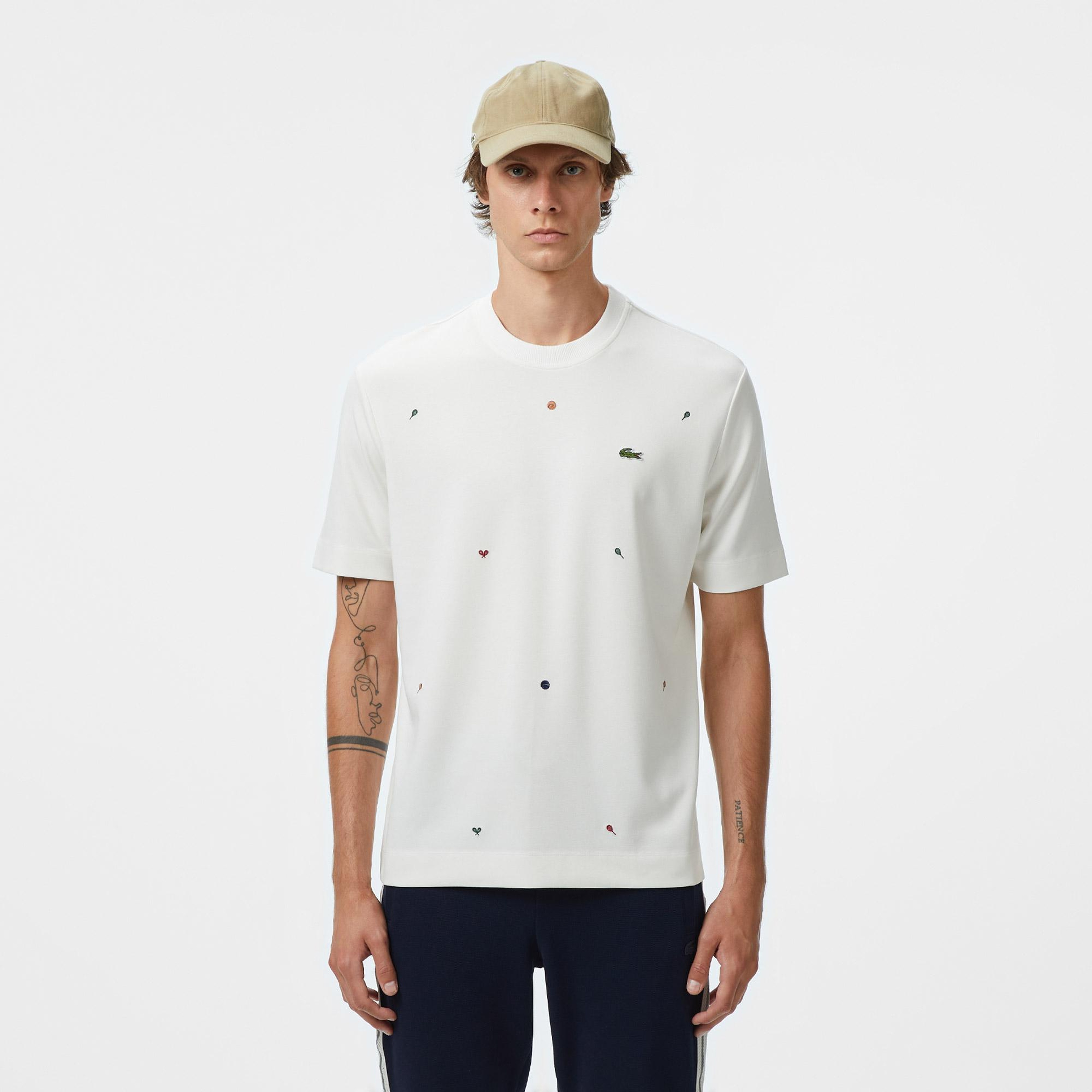 Lacoste Erkek Loose Fit Bisiklet Yaka Desenli Beyaz T-Shirt