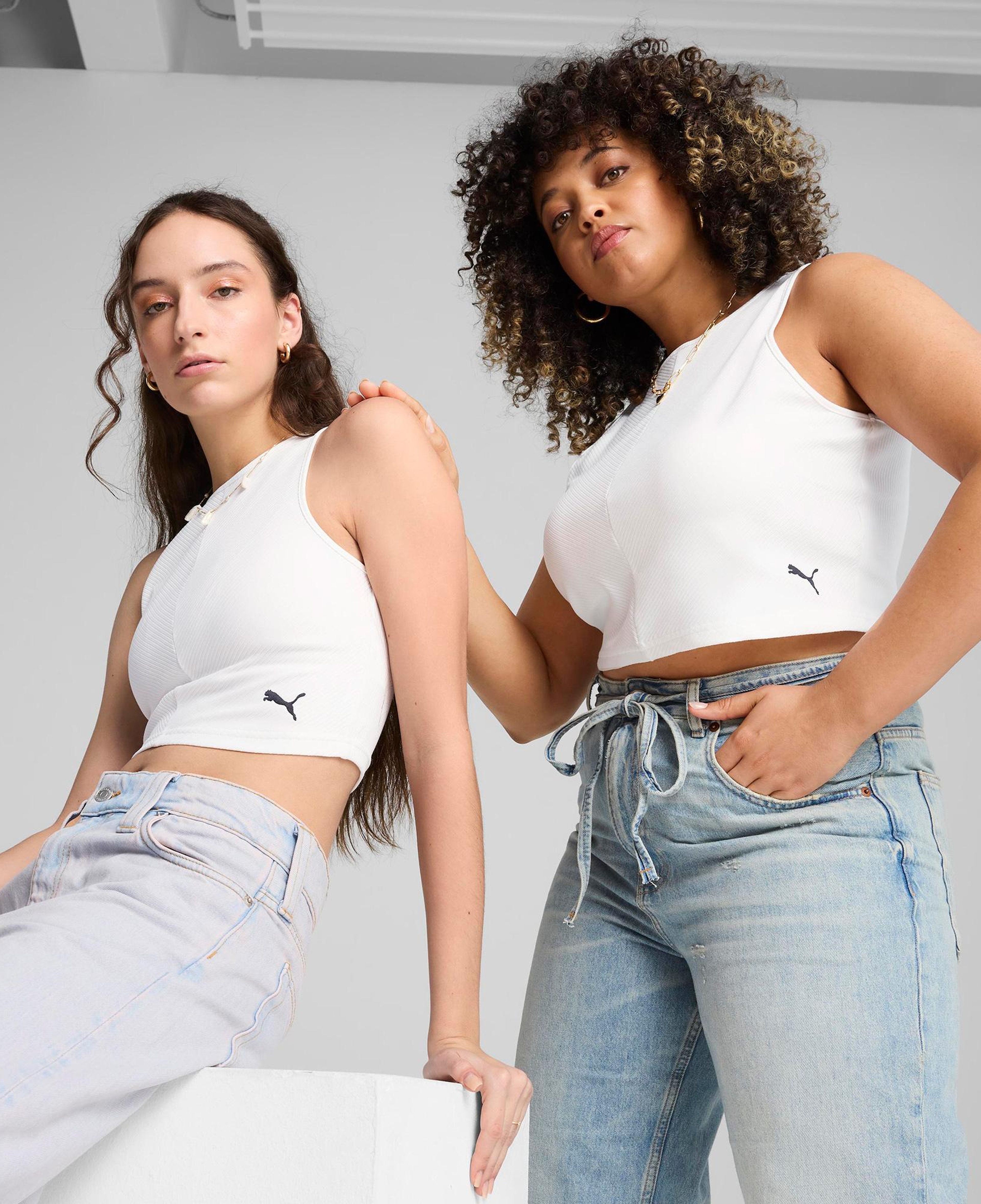 Puma Wardrobe Essentials Ribbed Crop Top Kadın Beyaz Atlet