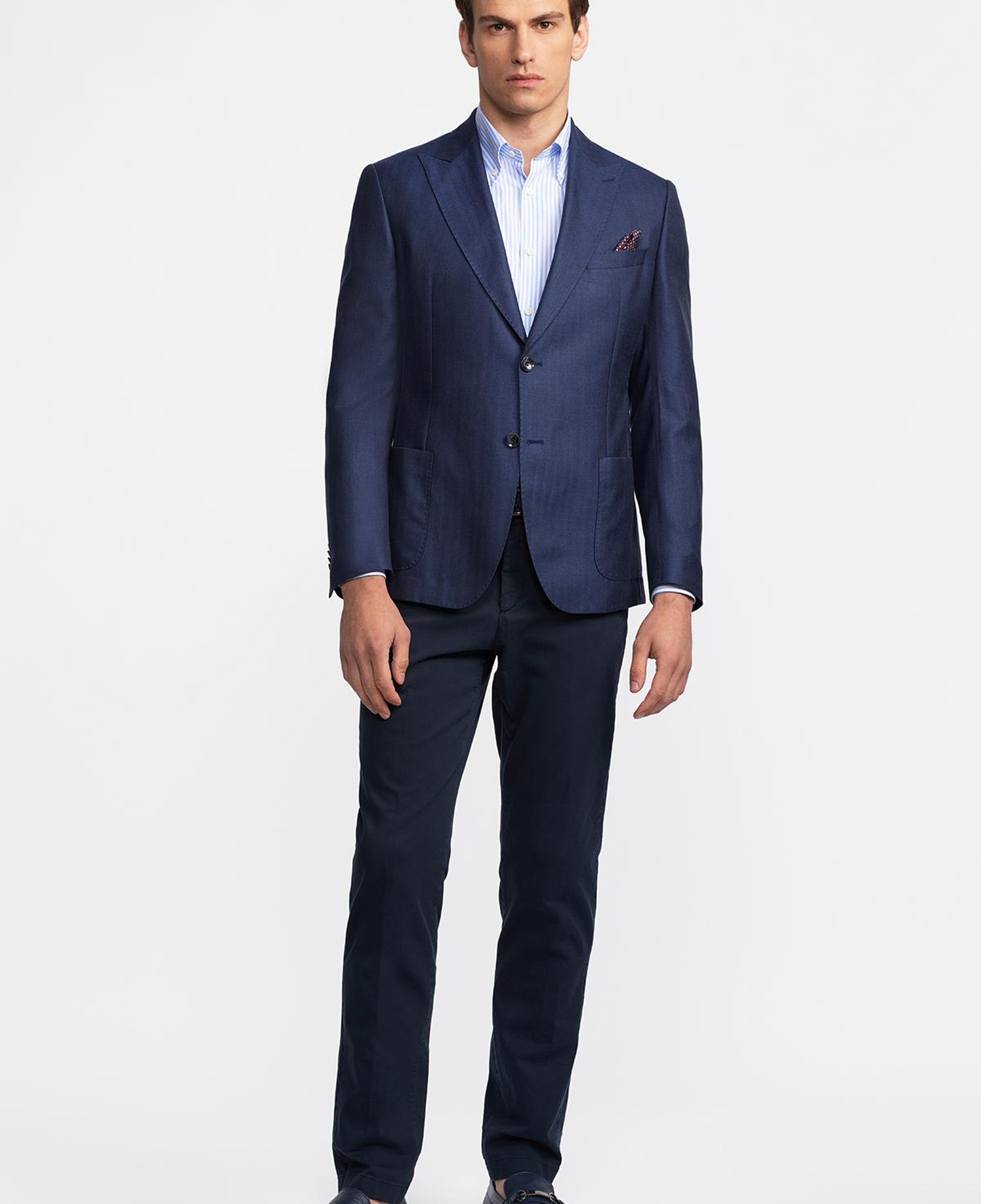Erkek Lacivert Loro Piana Kumaşıyla Üretilmiş Yün İpek Karışımlı Casual Ceket