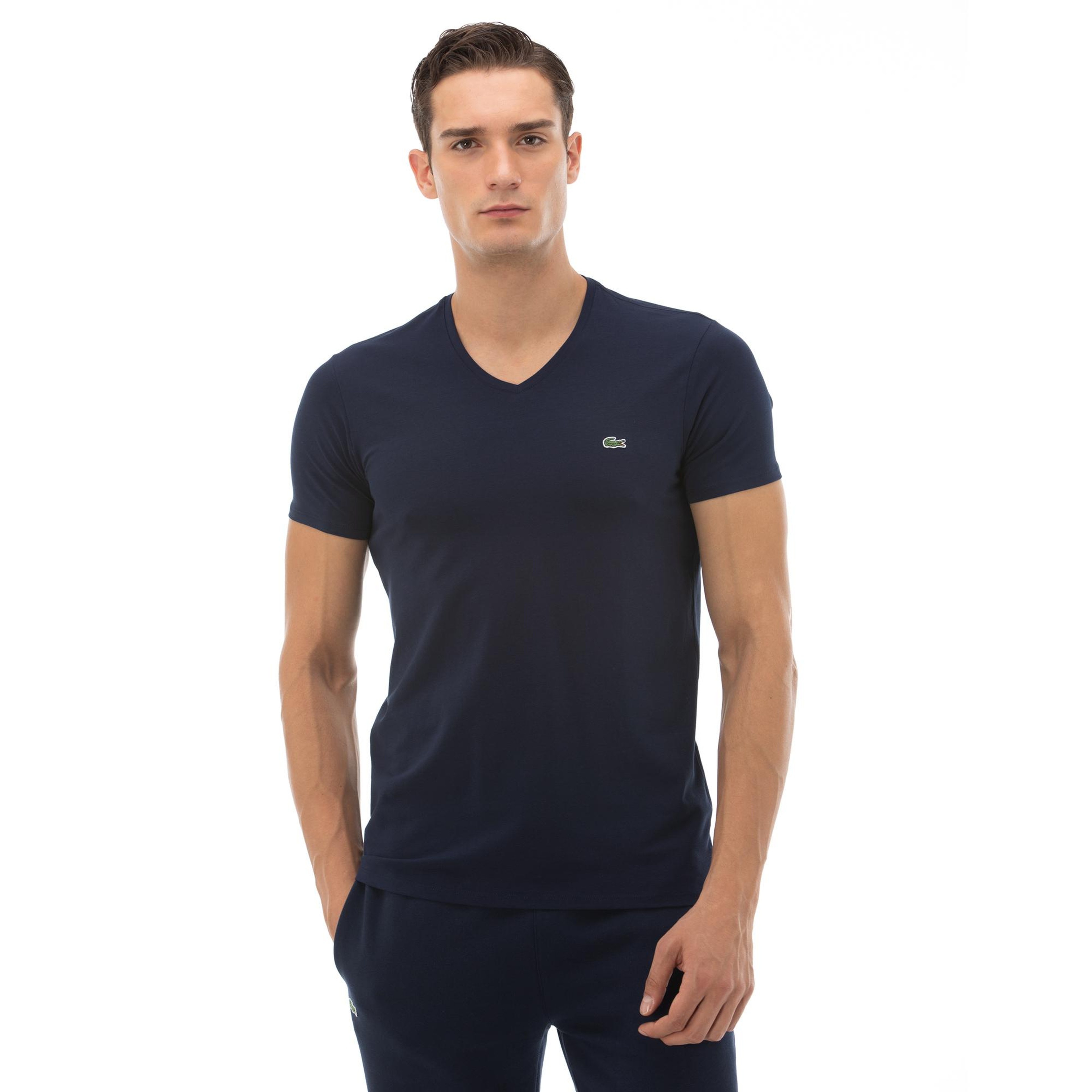 Erkek Slim Fit V Yaka Lacivert T-Shirt