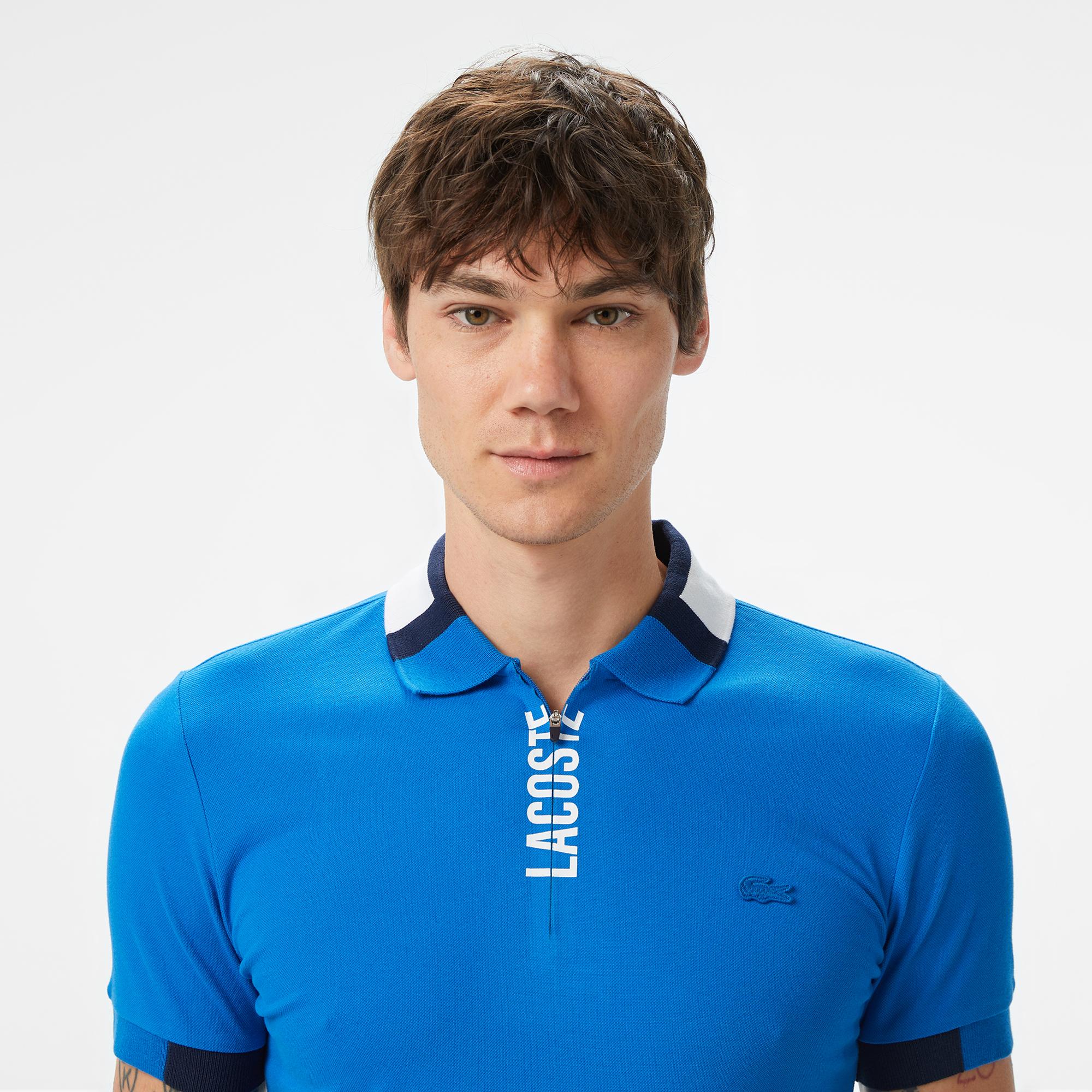 Erkek Regular Fit Yarım Fermuarlı Baskılı Mavi Polo