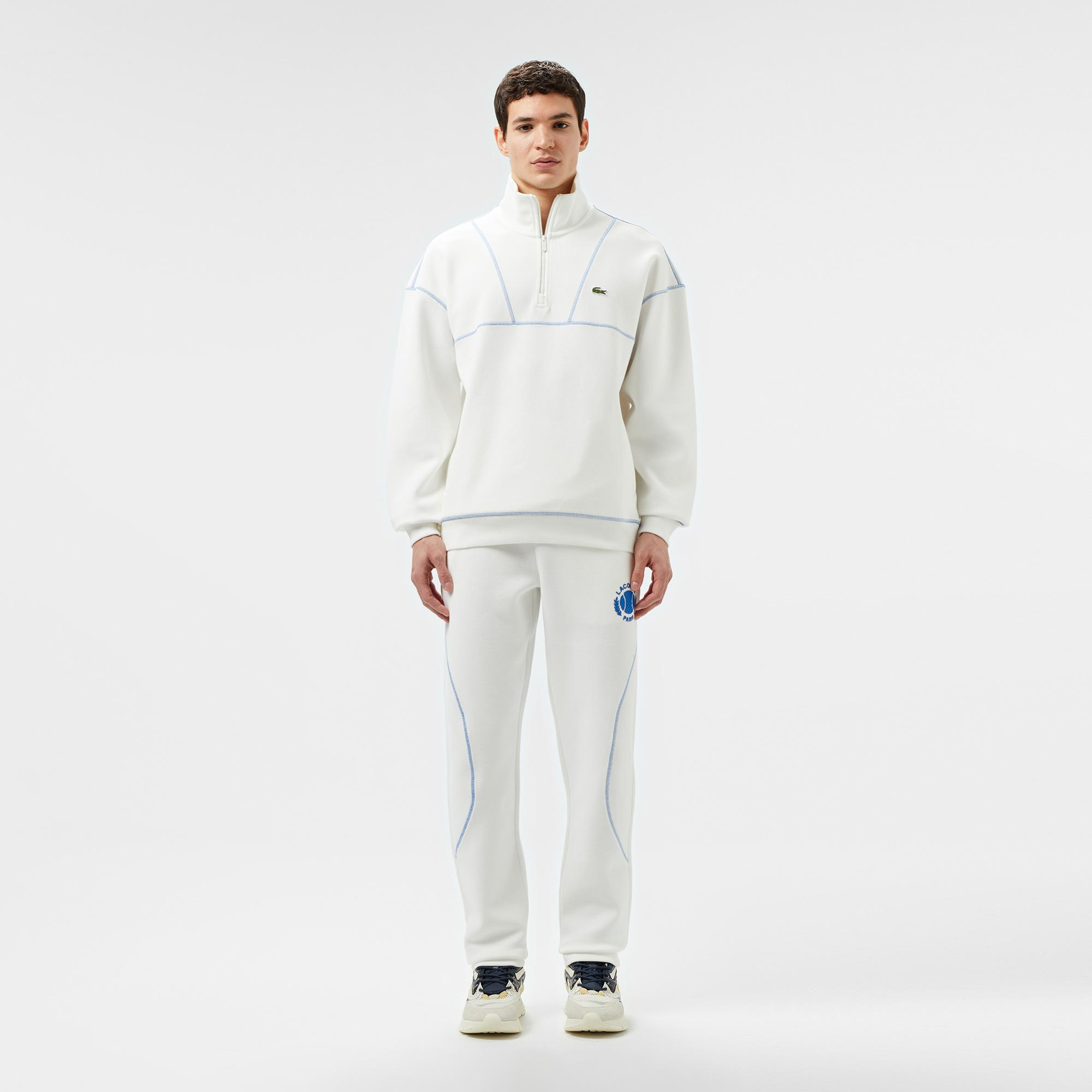 Erkek Relaxed Fit Yarım Fermuarlı Renk Bloklu Beyaz Sweatshirt