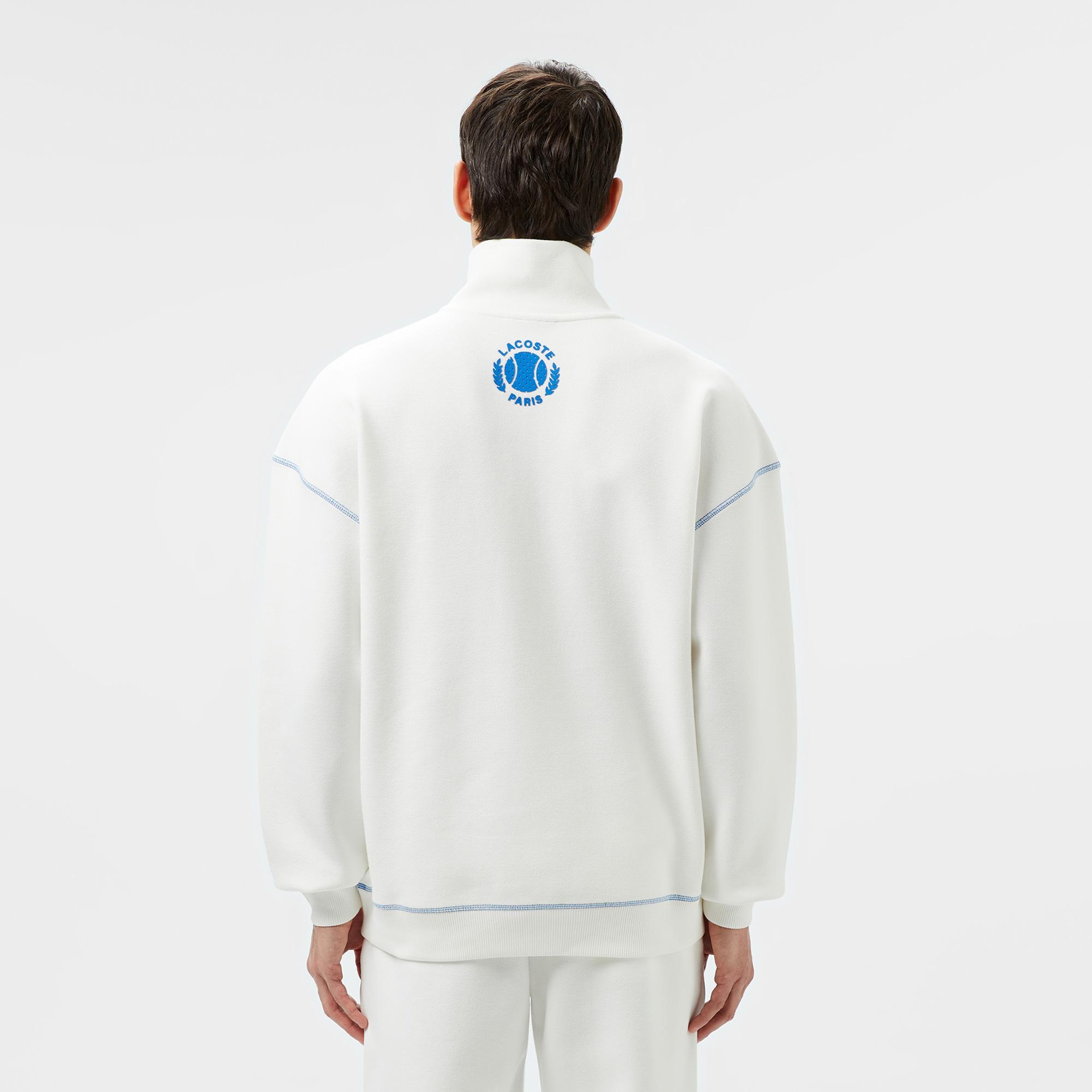 Erkek Relaxed Fit Yarım Fermuarlı Renk Bloklu Beyaz Sweatshirt