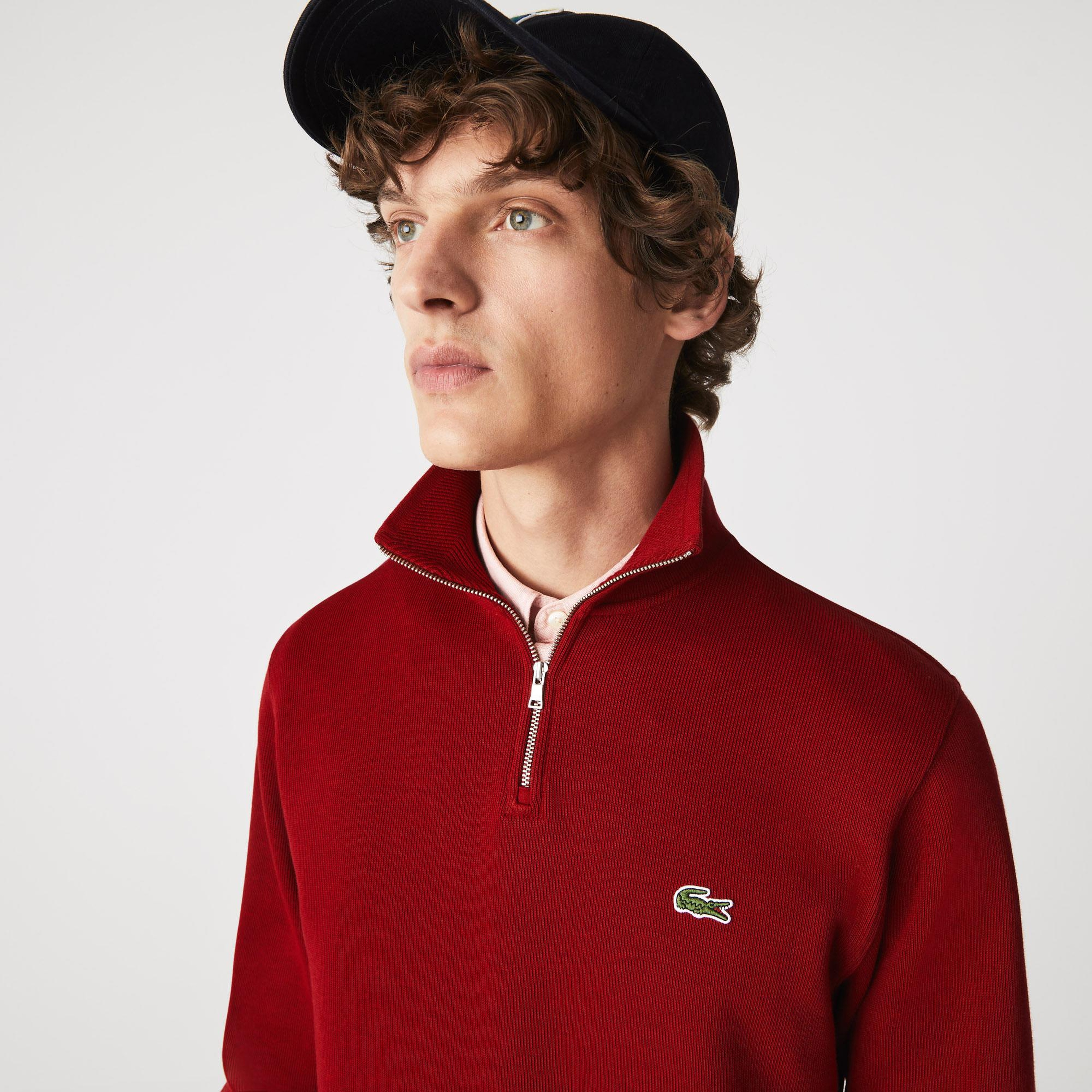 Erkek Classic Fit Yarım Fermuarlı Bordo Sweatshirt