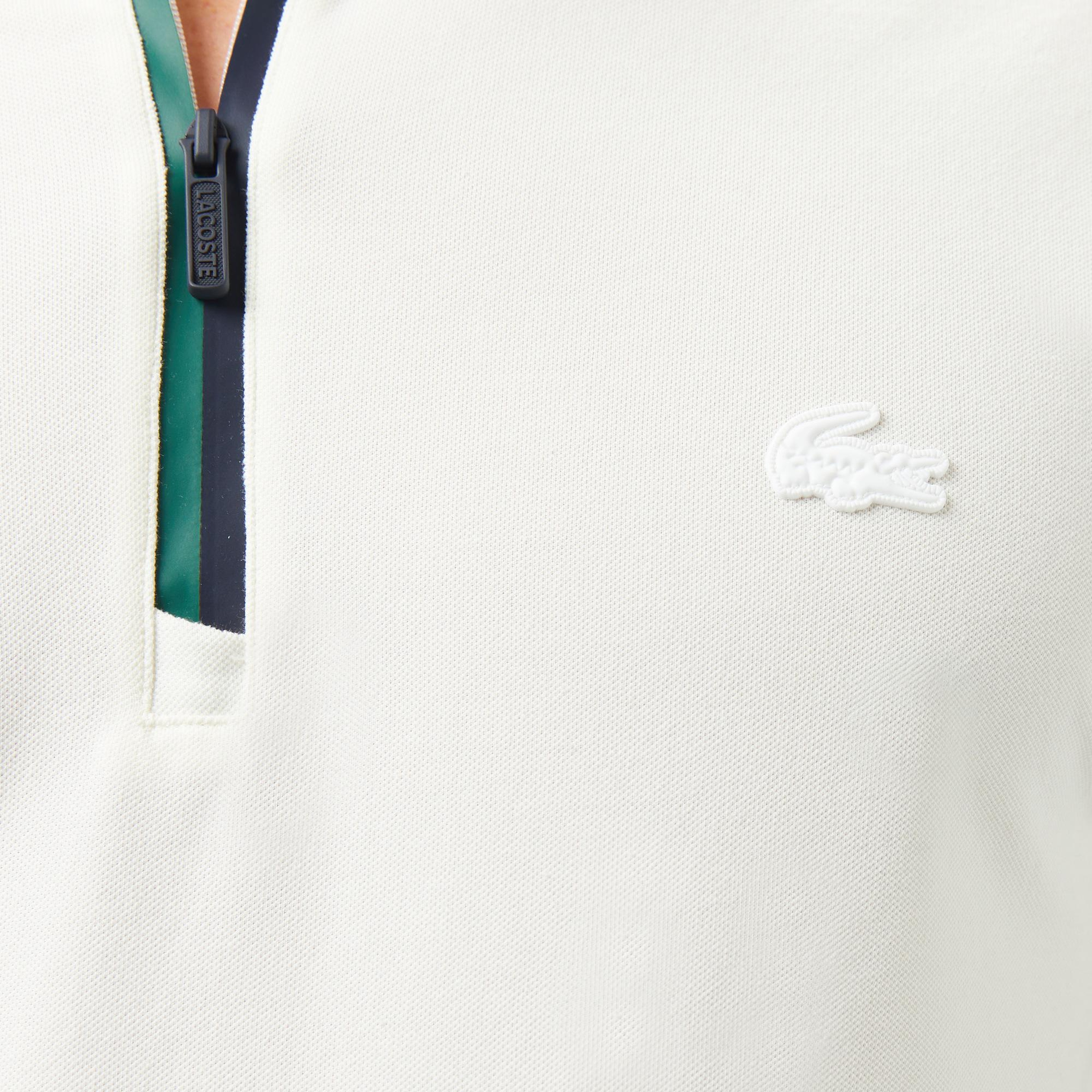 Erkek Slim Fit Yarım Fermuarlı Beyaz Polo