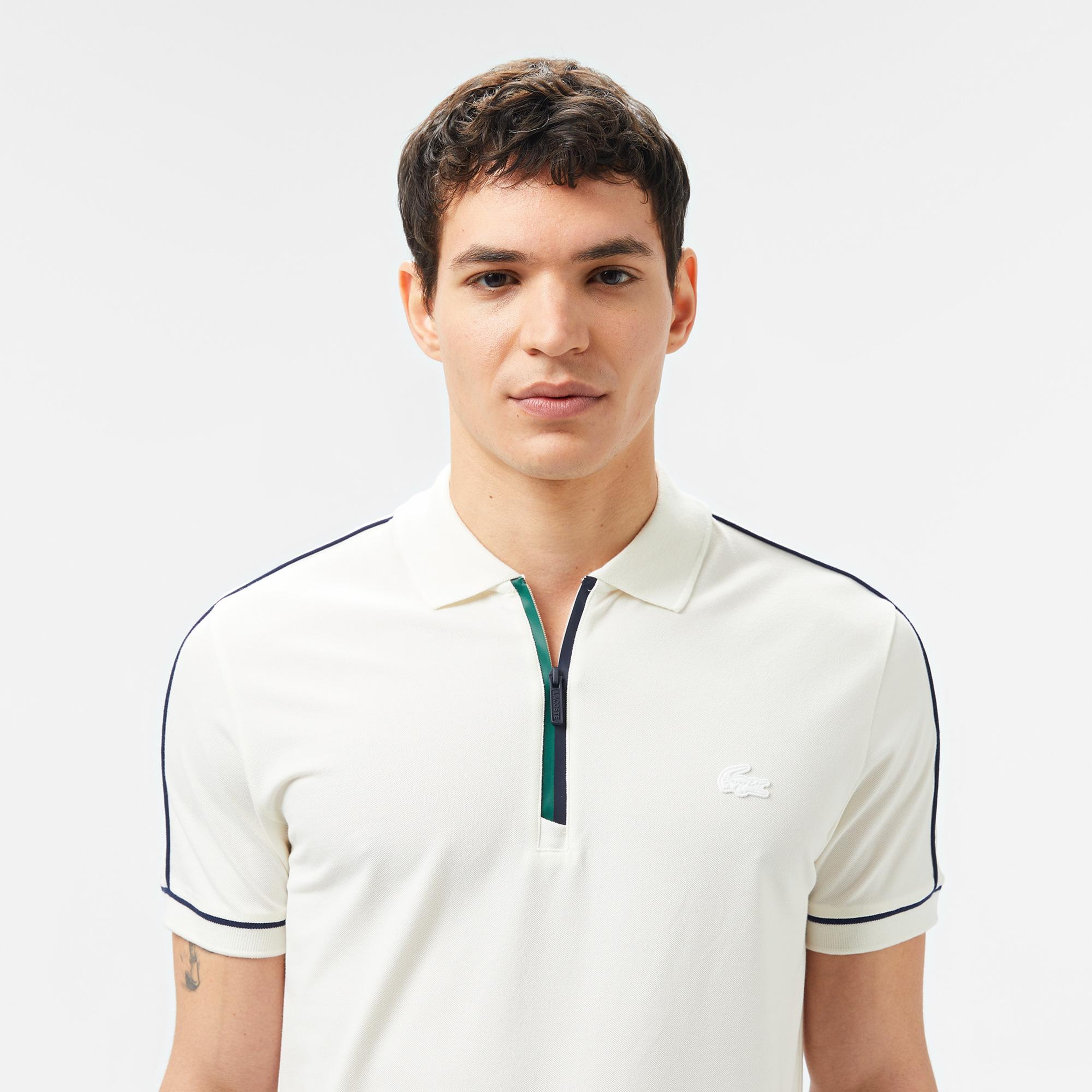 Erkek Slim Fit Yarım Fermuarlı Beyaz Polo