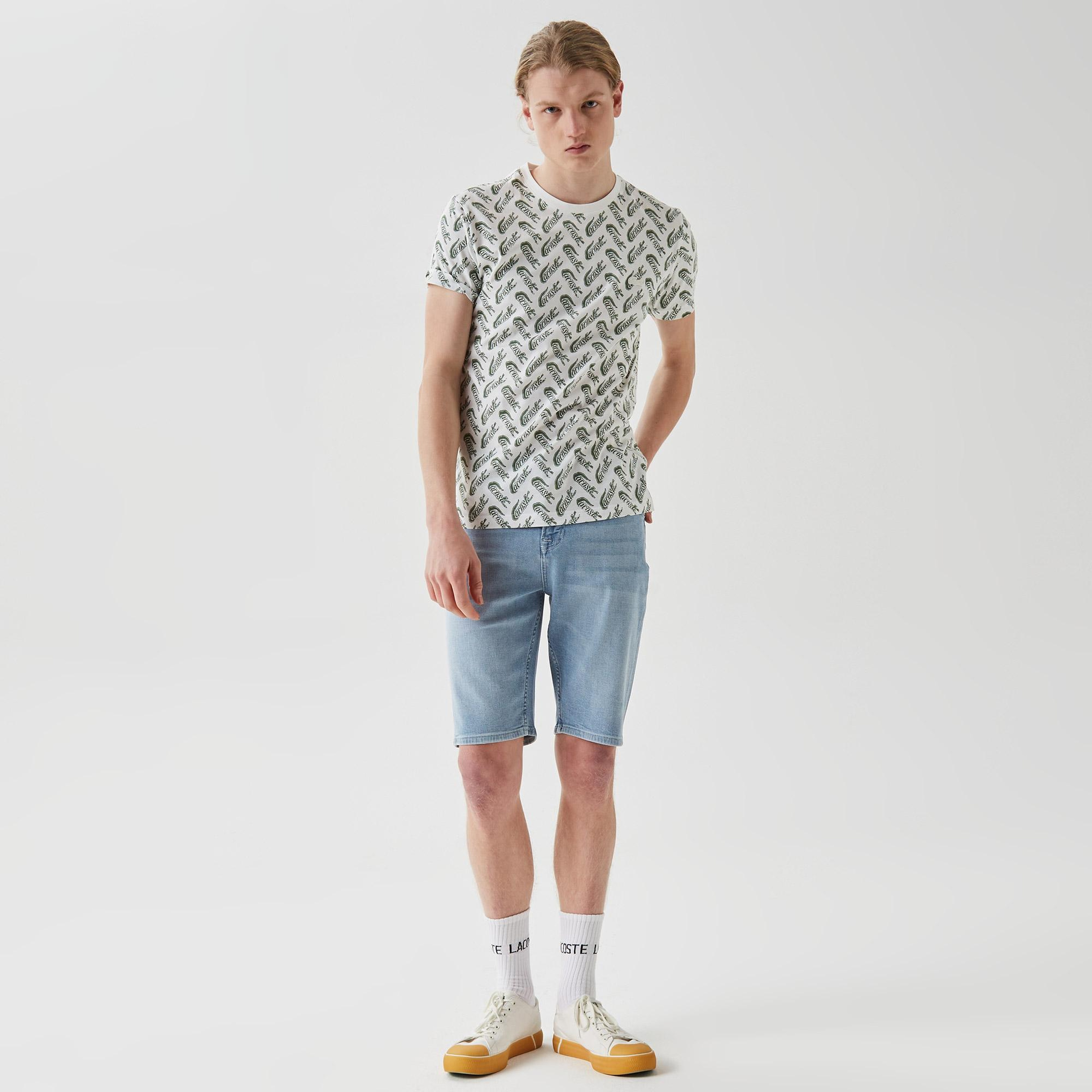 Erkek Slim Fit Bisiklet Yaka Desenli Beyaz T-Shirt