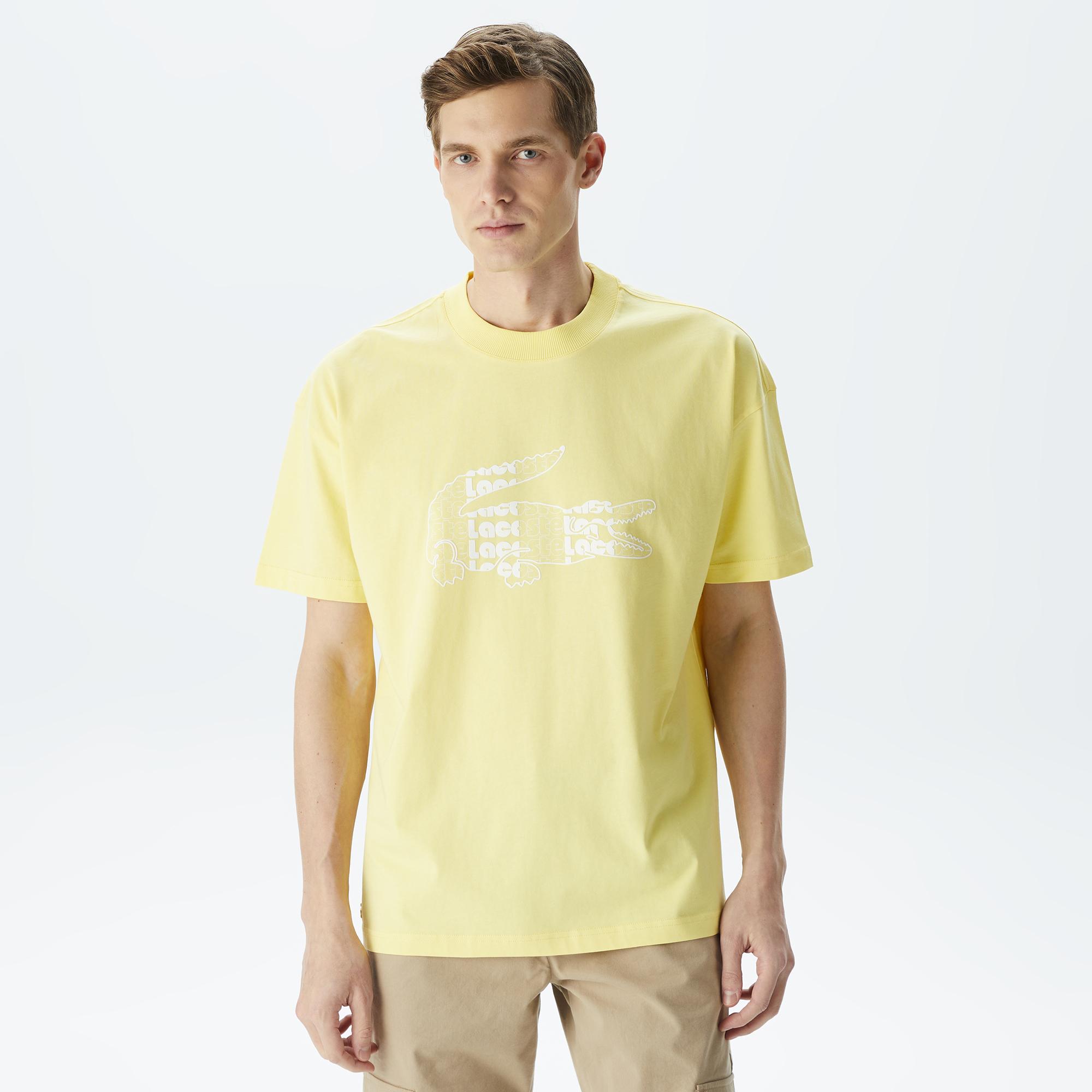 Erkek Oversize Fit Bisiklet Yaka Baskılı Sarı T-Shirt