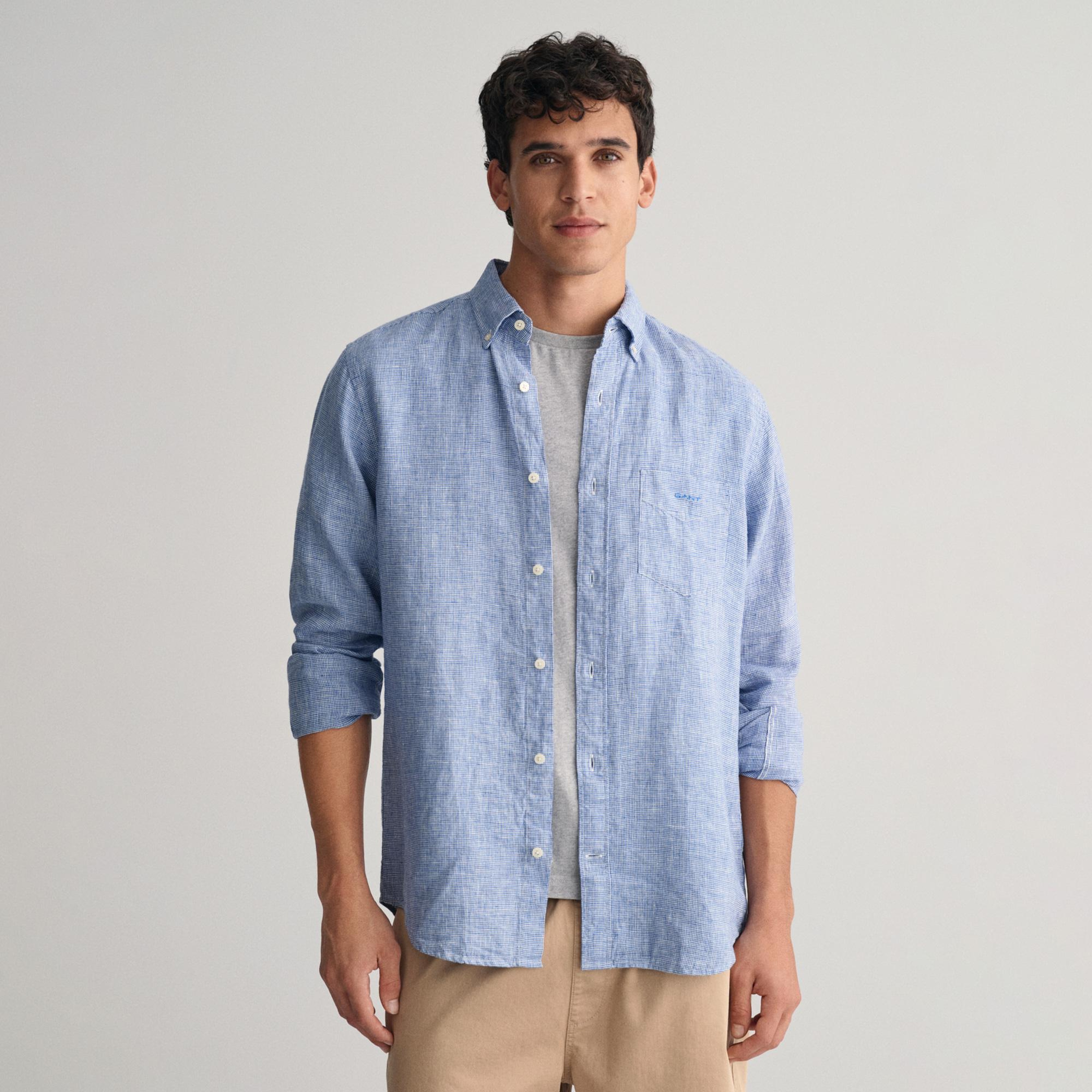 GANT Erkek Mavi Regular Fit Düğmeli Yaka Kareli Keten Gömlek