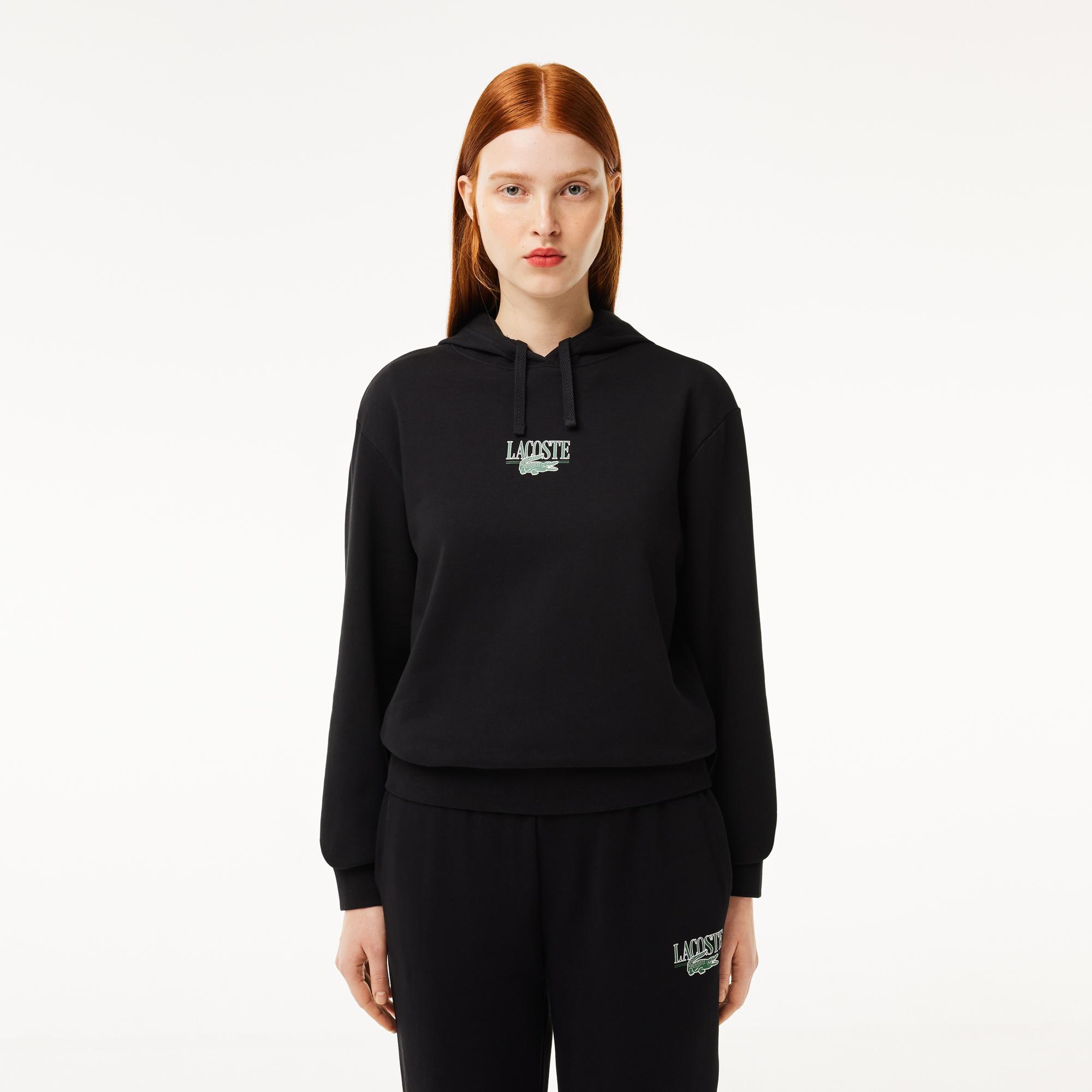 Kadın Kapüşonlu Baskılı Siyah Sweatshirt