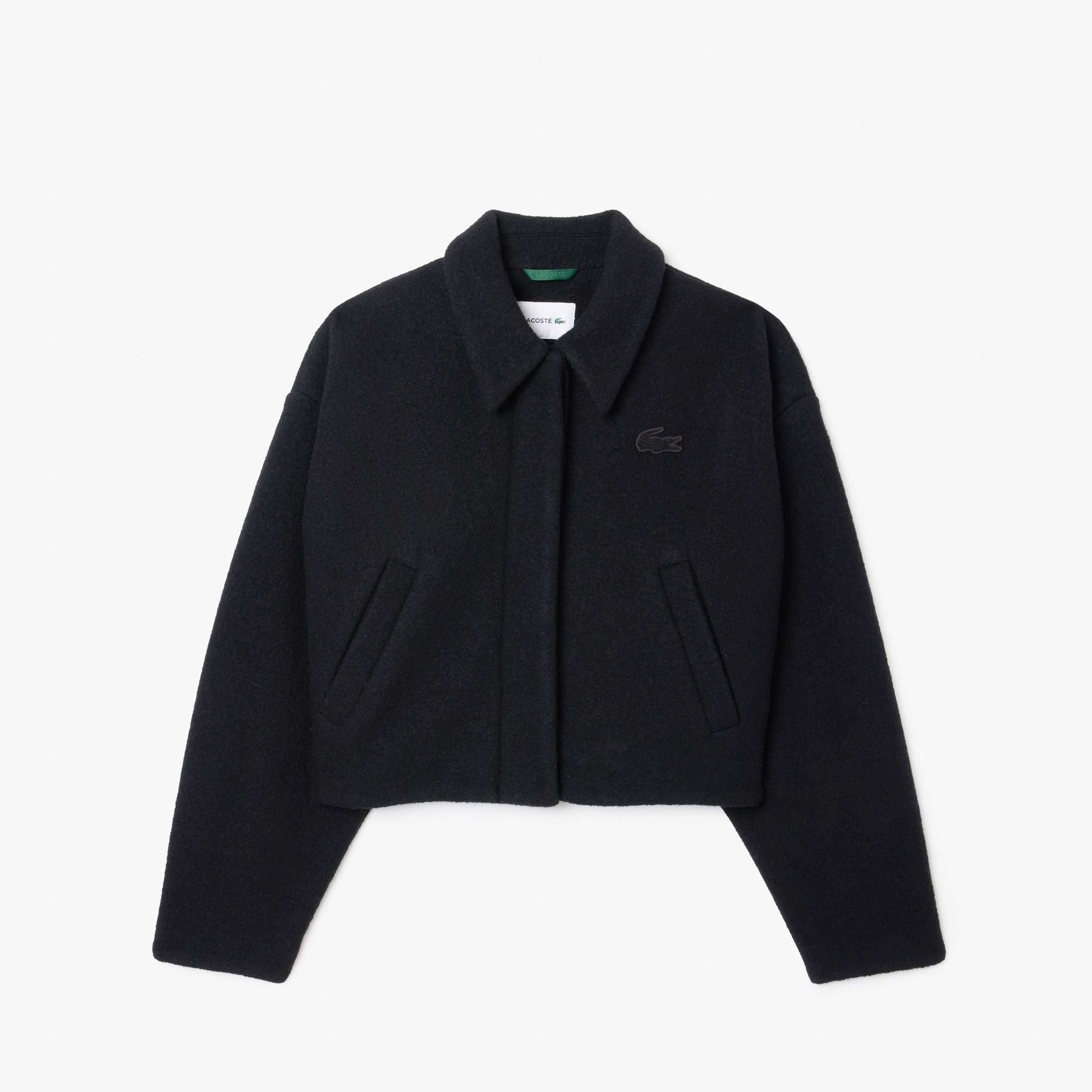 Kadın Oversize Fit Gömlek Yaka Yün Siyah Mont