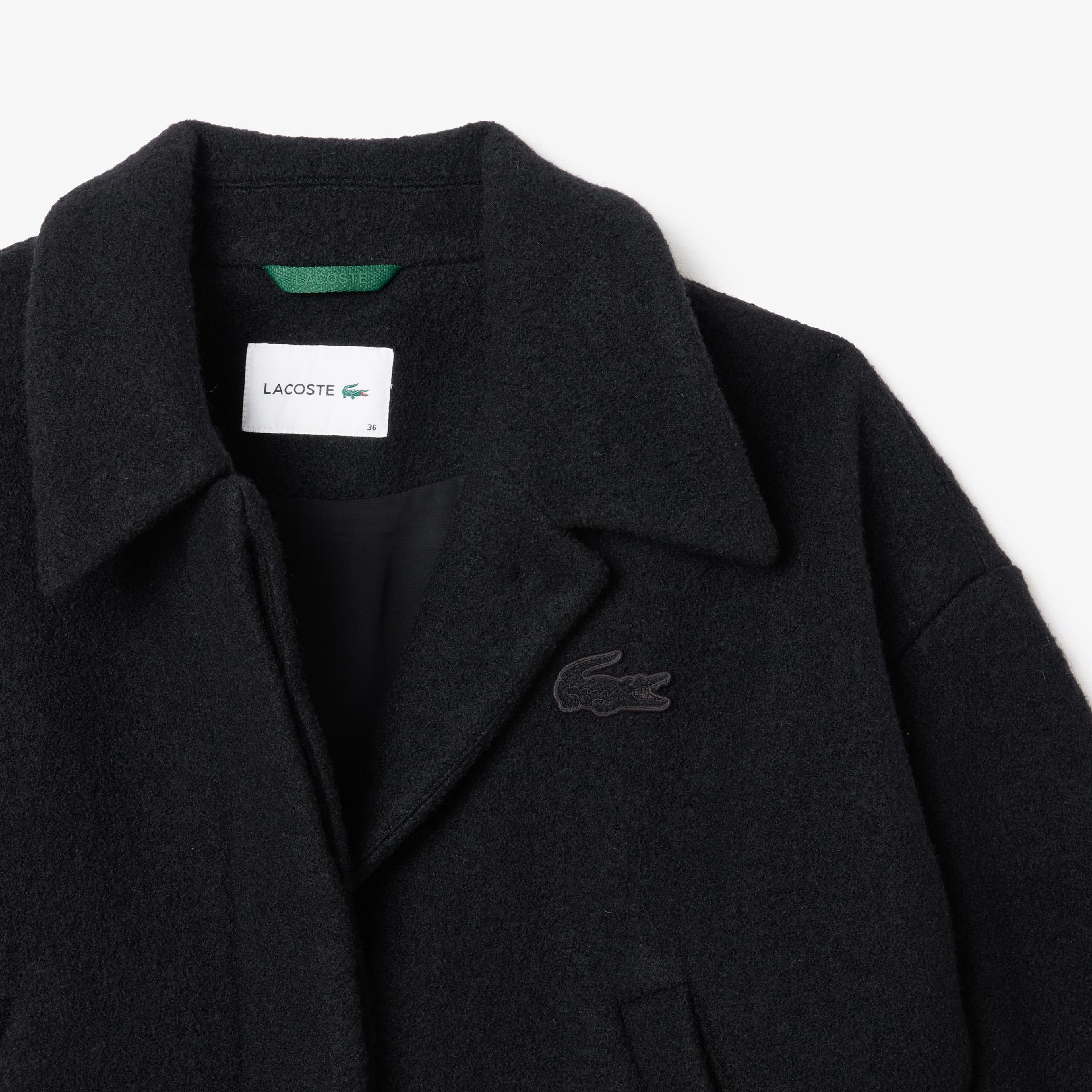 Kadın Oversize Fit Gömlek Yaka Yün Siyah Mont