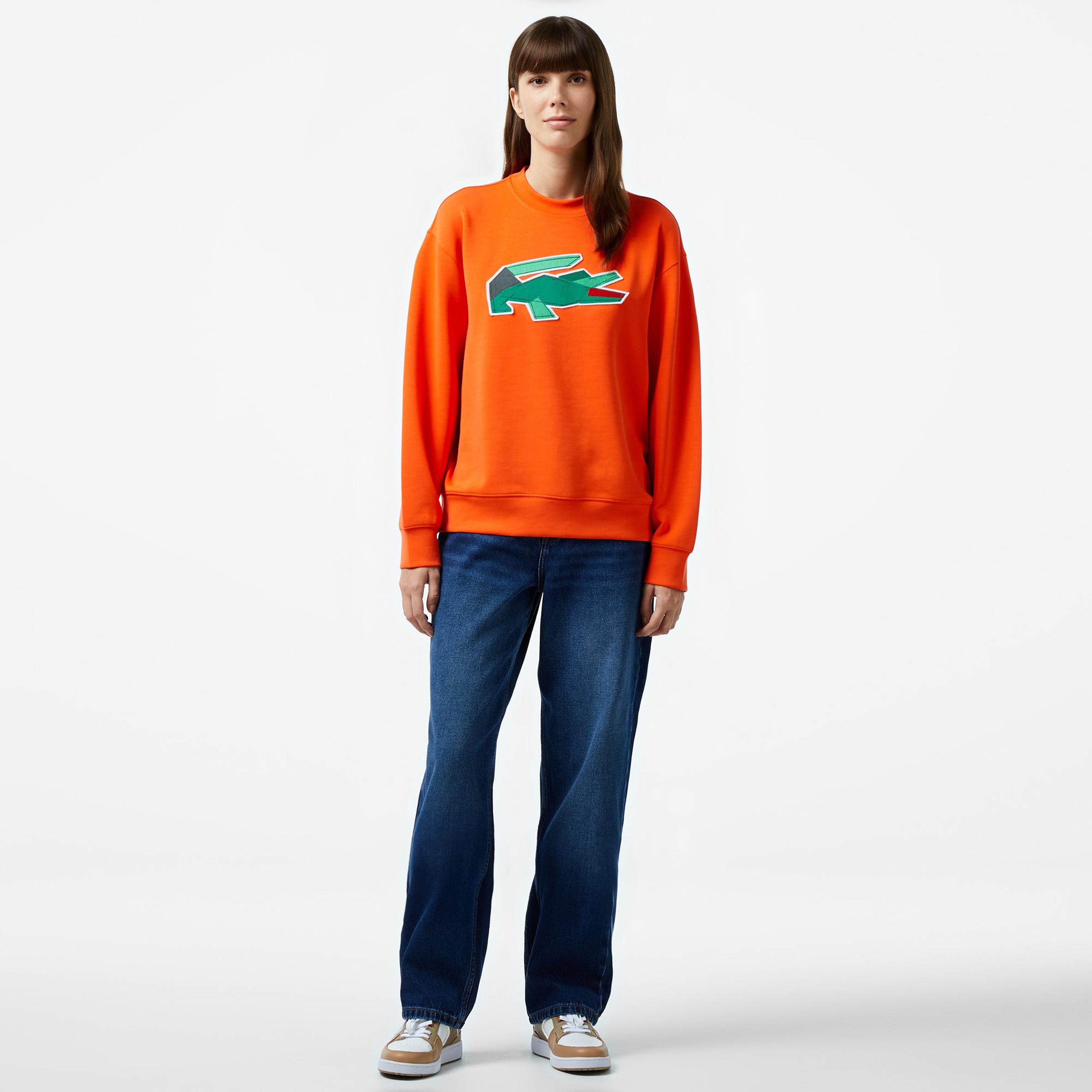 Lacoste Oversize Fit Bisiklet Yaka Baskılı Kadın Turuncu Sweatshirt