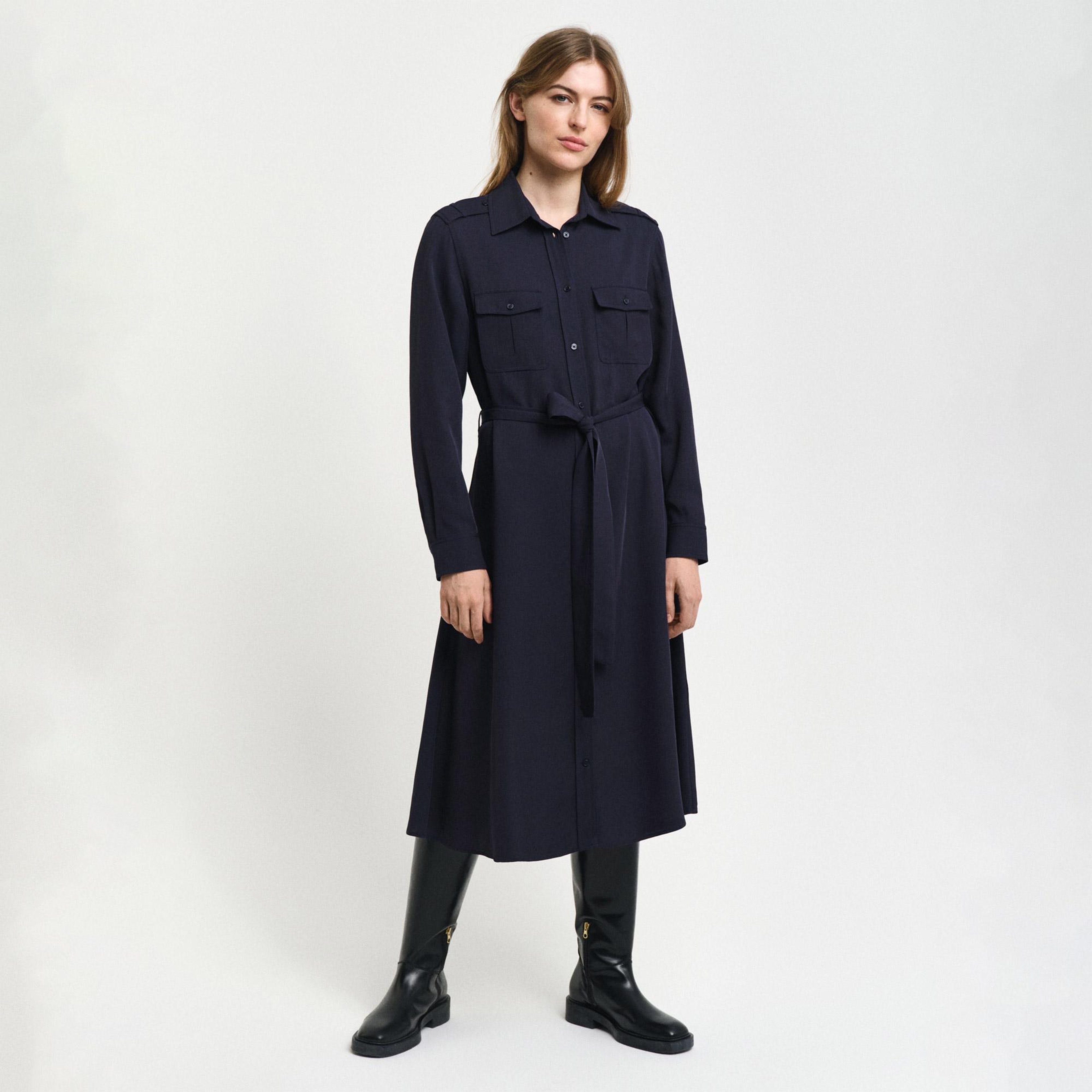 GANT Kadın Lacivert Regular Fit Düğmeli Yaka Elbise
