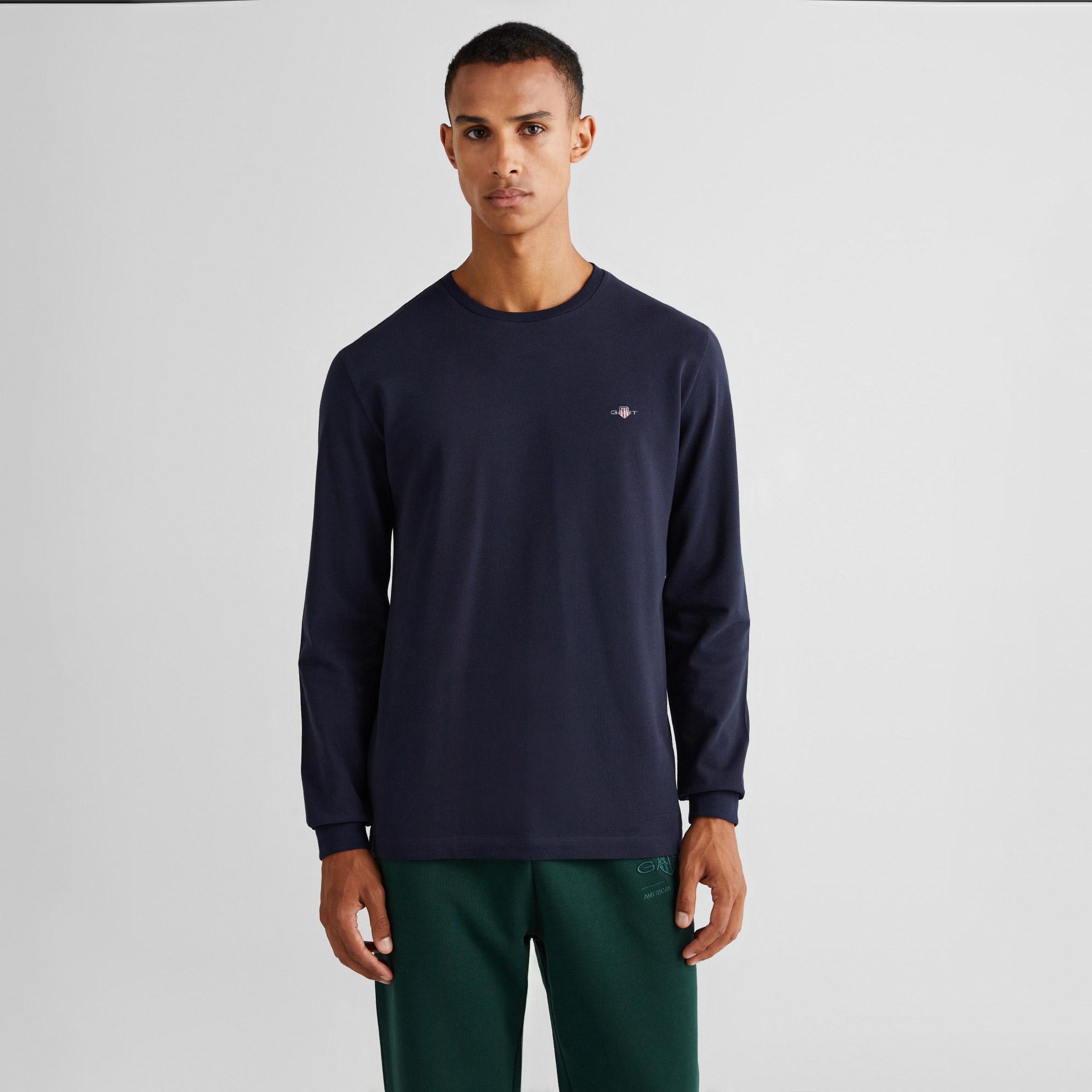 GANT Erkek Lacivert Slim Fit Bisiklet Yaka Uzun Kollu T-Shirt